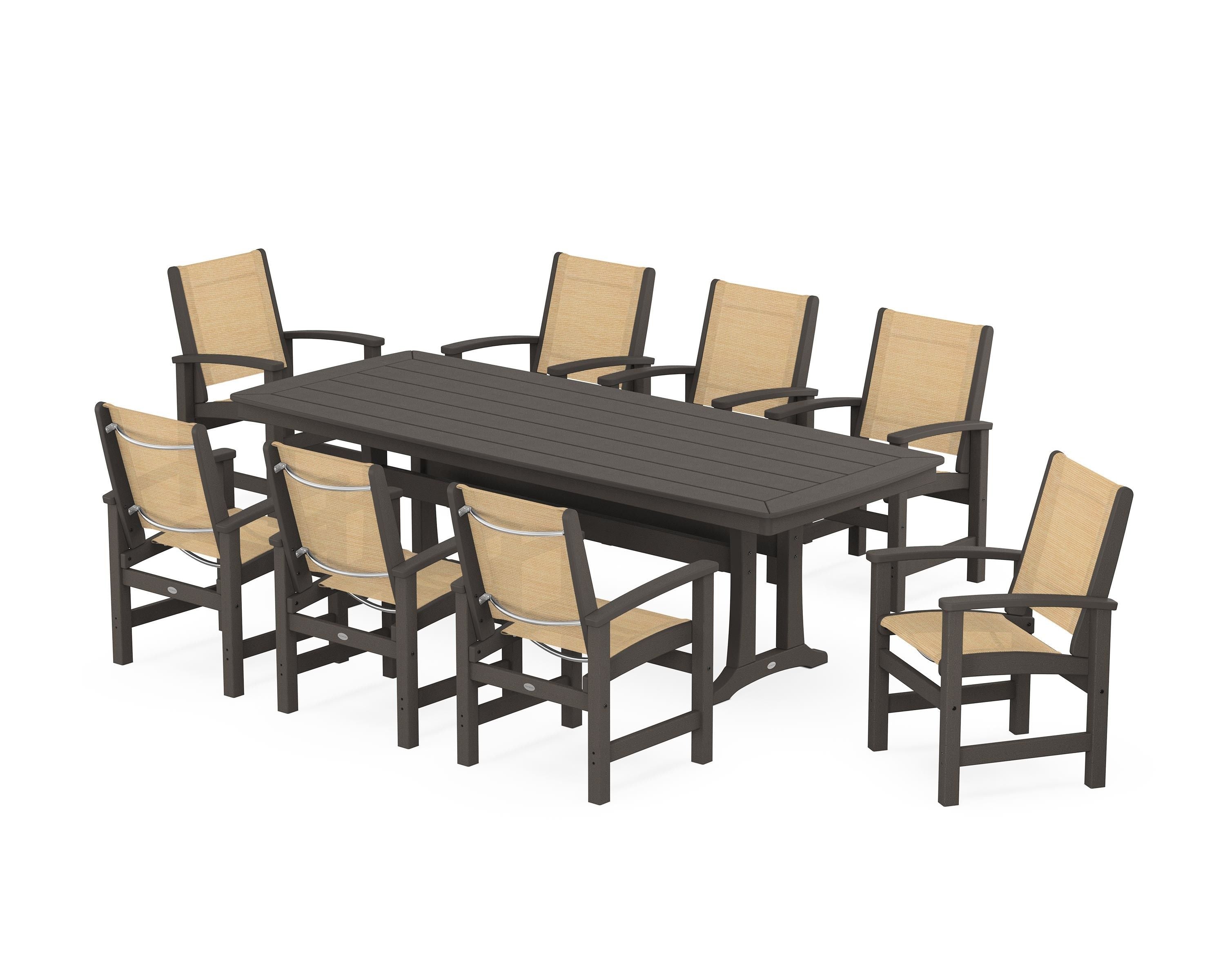 POLYWOOD Coastal 9-Piece Dining Set with Trestle Legs in Vintage Coffee / Dupioni Apricot Sling