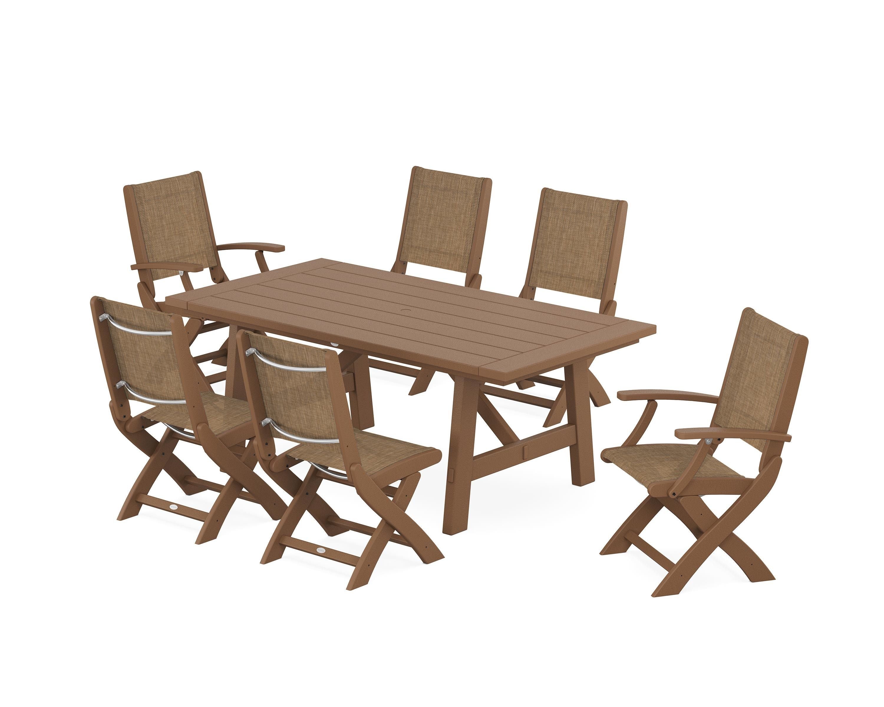 POLYWOOD Coastal Folding Chair 7-Piece Rustic Farmhouse Dining Set in Teak / Burlap Sling