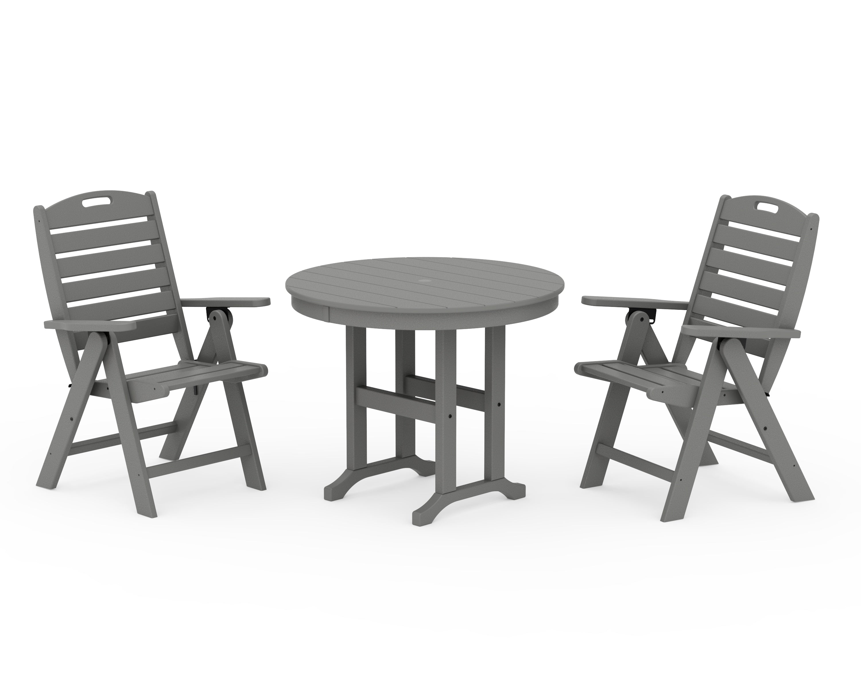 POLYWOOD Nautical Folding Highback Chair 3-Piece Round Dining Set in Slate Grey