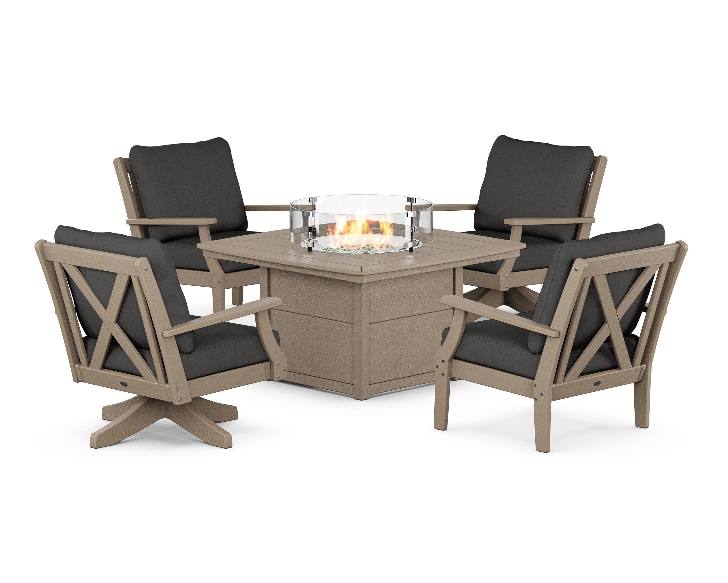 POLYWOOD Braxton 5-Piece Deep Seating Set with Fire Table in Vintage Sahara / Spectrum Carbon