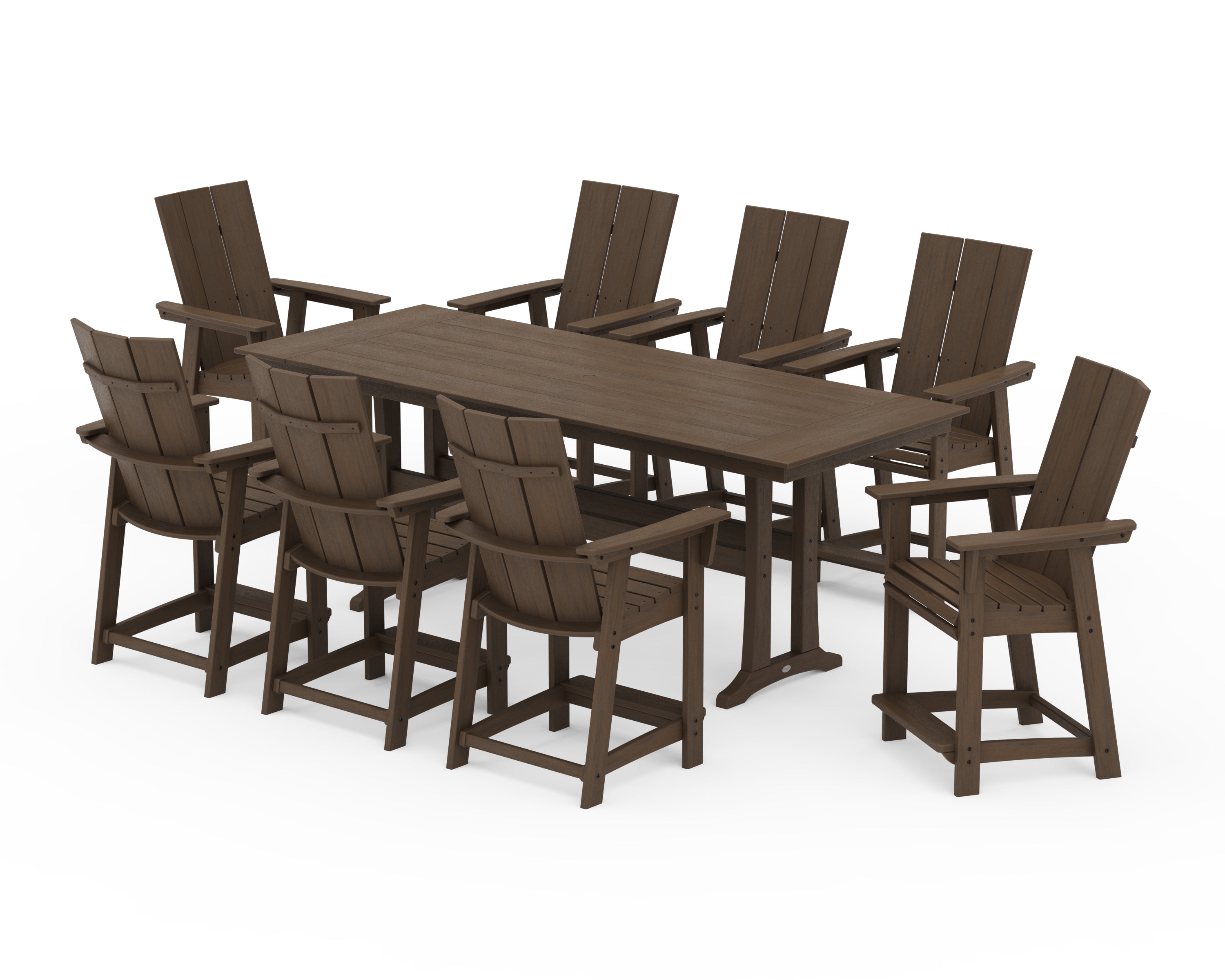 POLYWOOD Modern Curveback Adirondack 9-Piece Farmhouse Counter Set with Trestle Legs in Kona