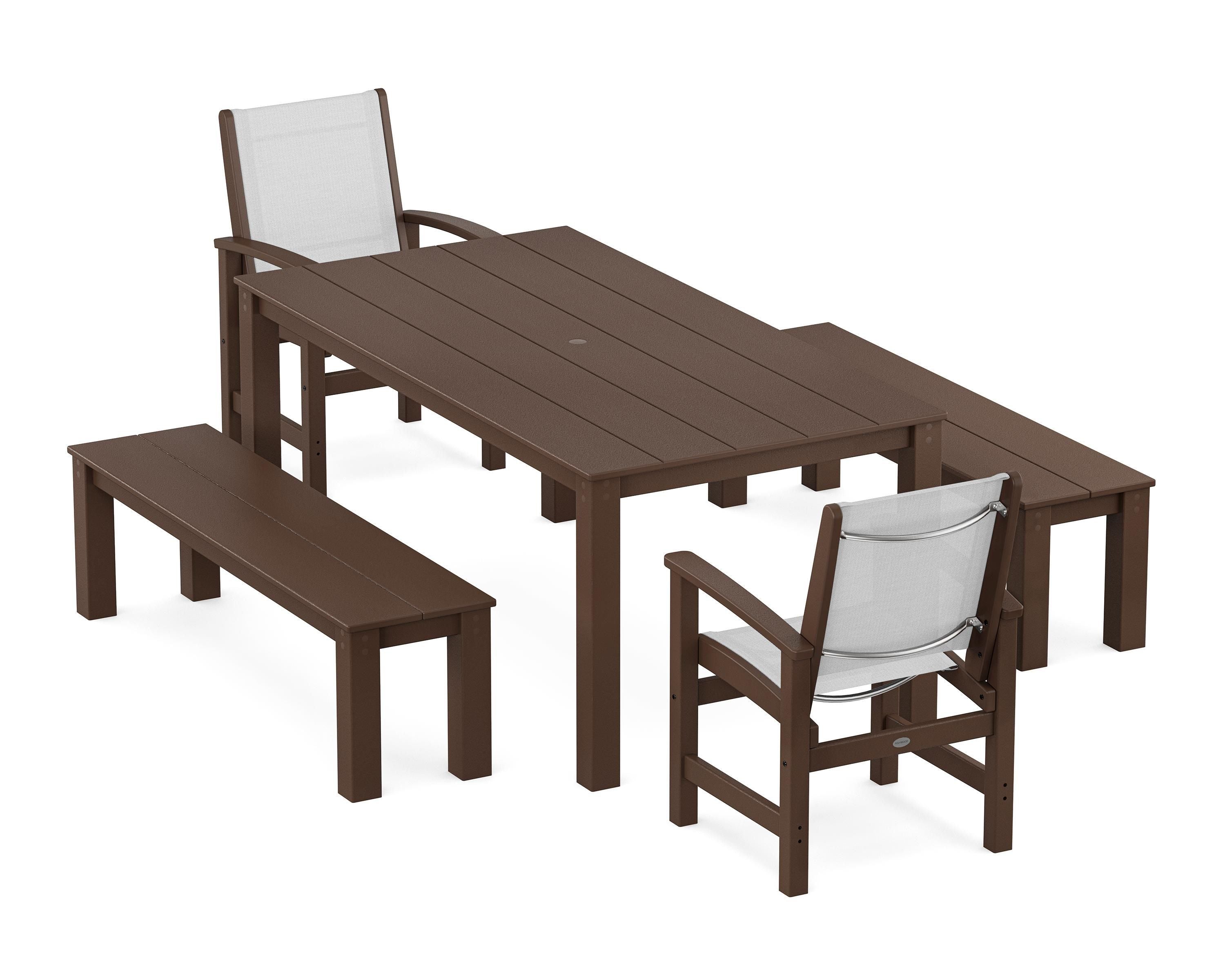 POLYWOOD Coastal 5-Piece Parsons Dining Set with Benches in Mahogany / White Sling