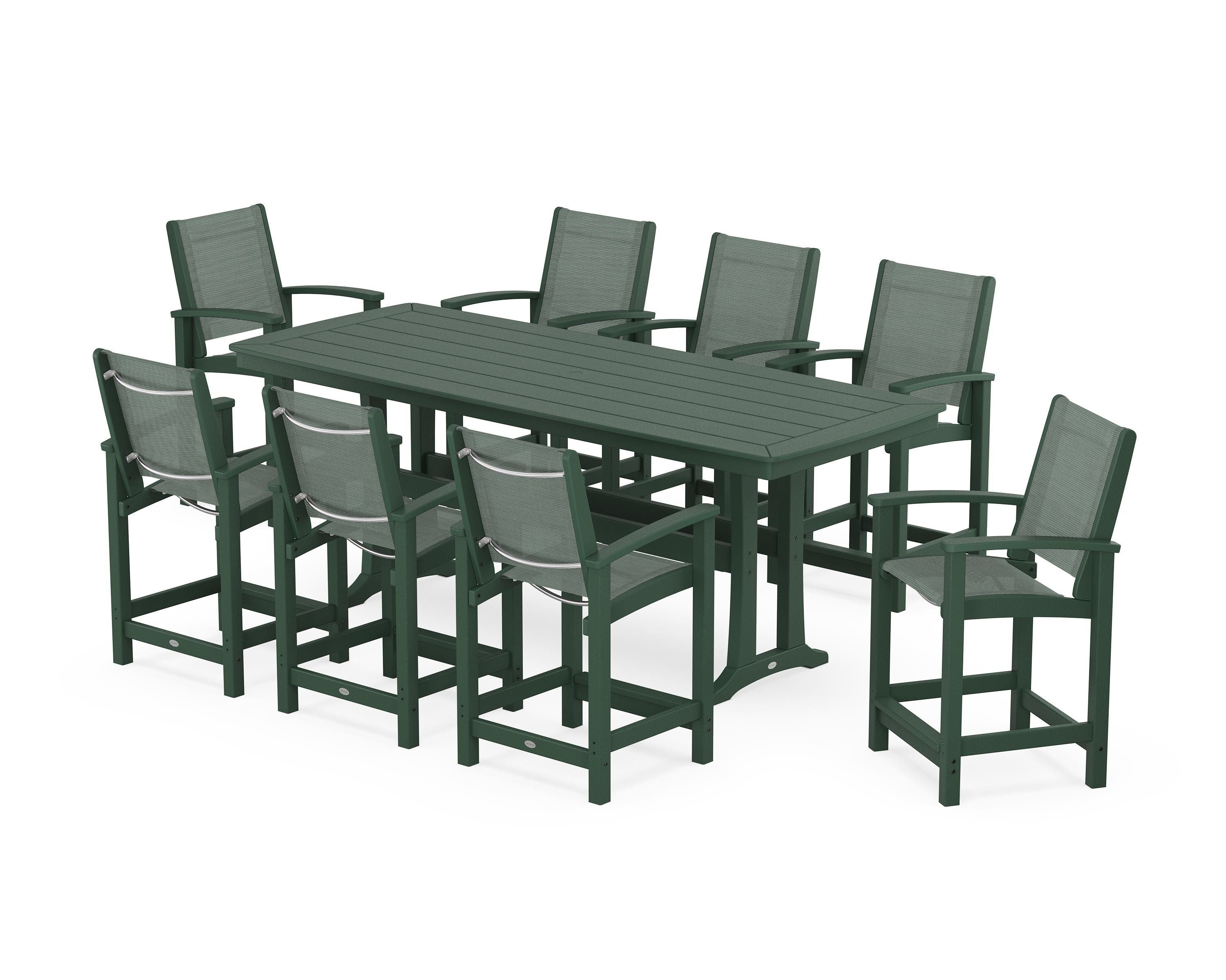 POLYWOOD Coastal 9-Piece Counter Set with Trestle Legs in Green / Dupioni Sea Mist Sling