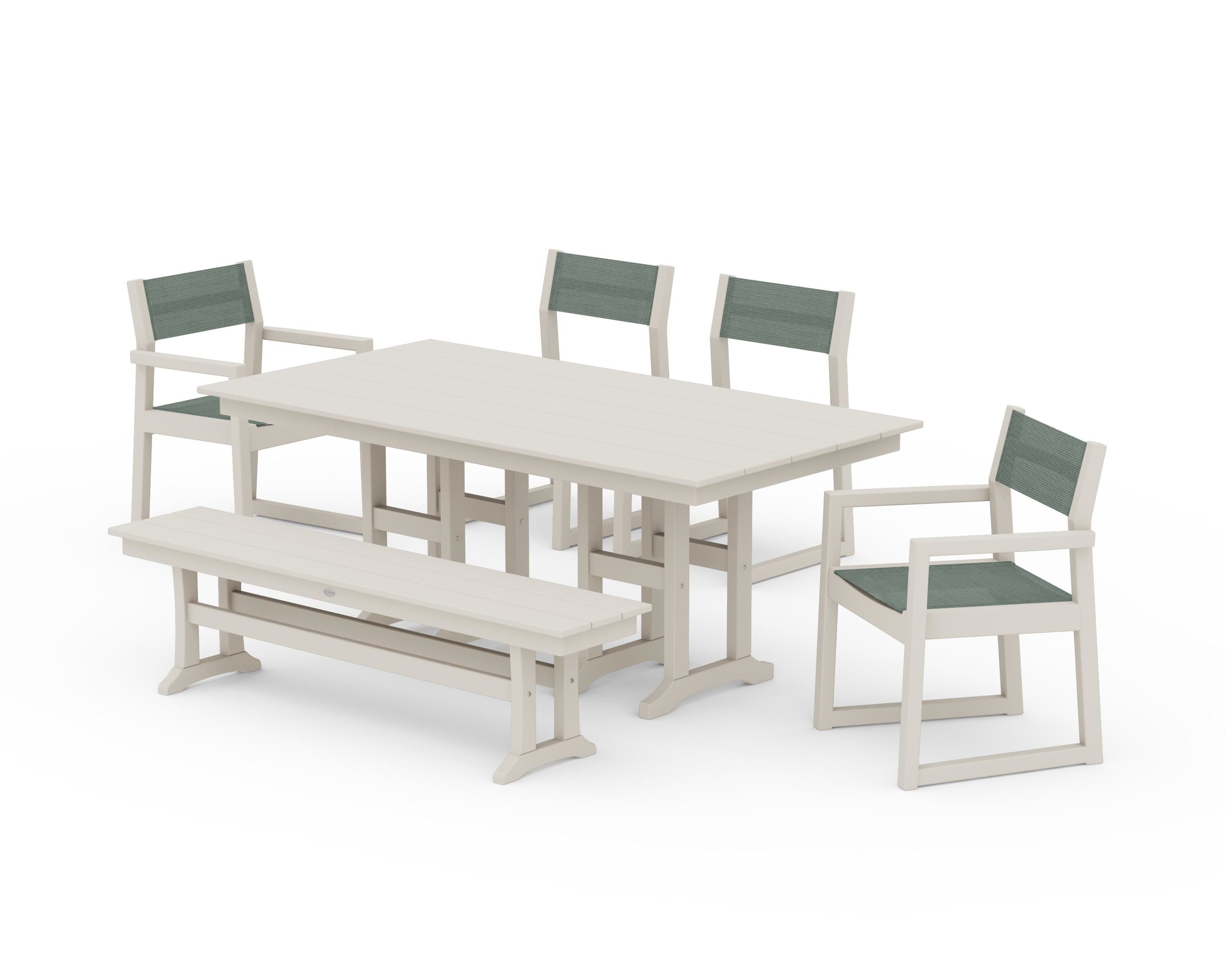 POLYWOOD EDGE Sling 6-Piece Farmhouse Dining Set in Sand / Dupioni Sea Mist Sling