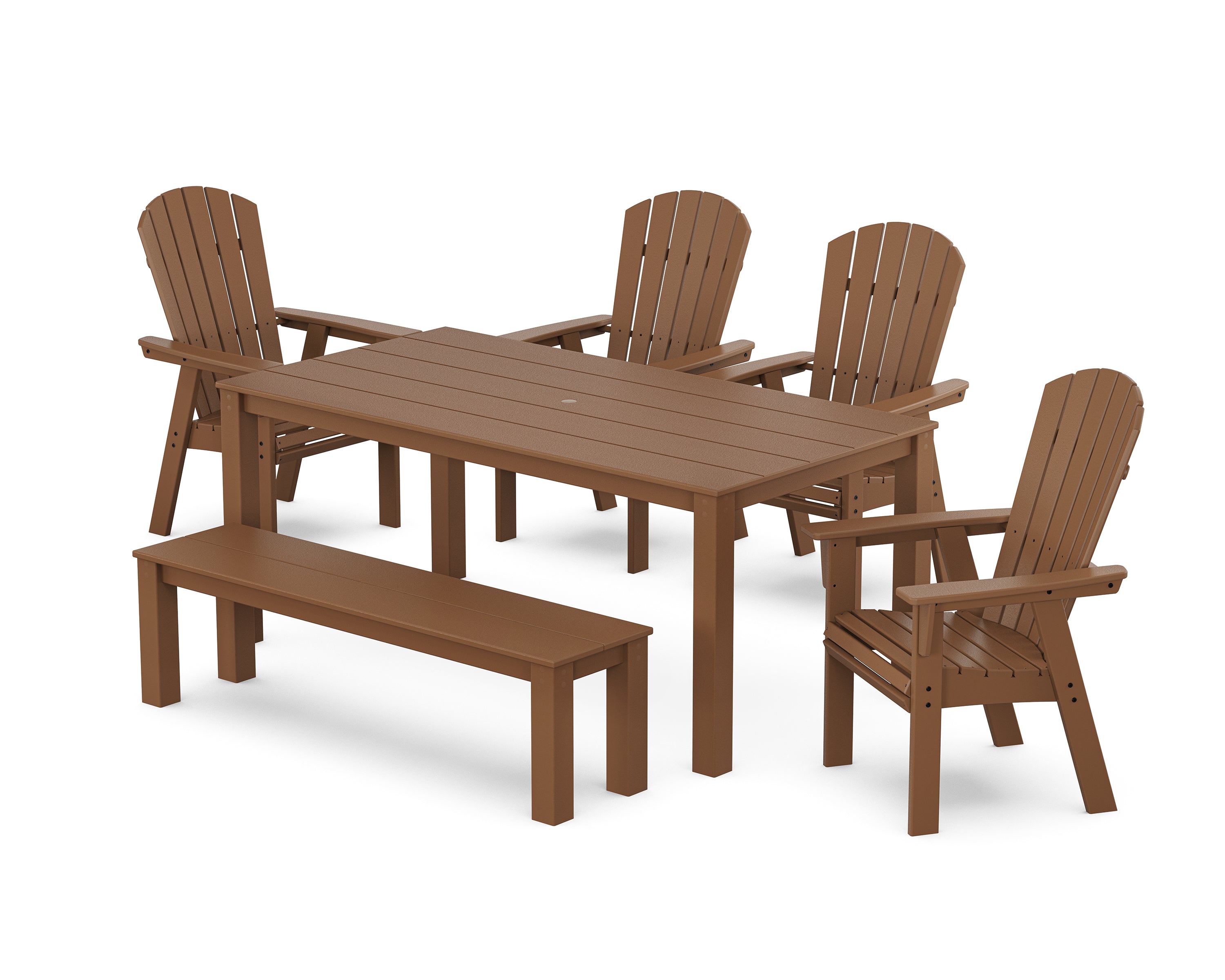 POLYWOOD Nautical Curveback Adirondack 6-Piece Parsons Dining Set with Bench in Teak