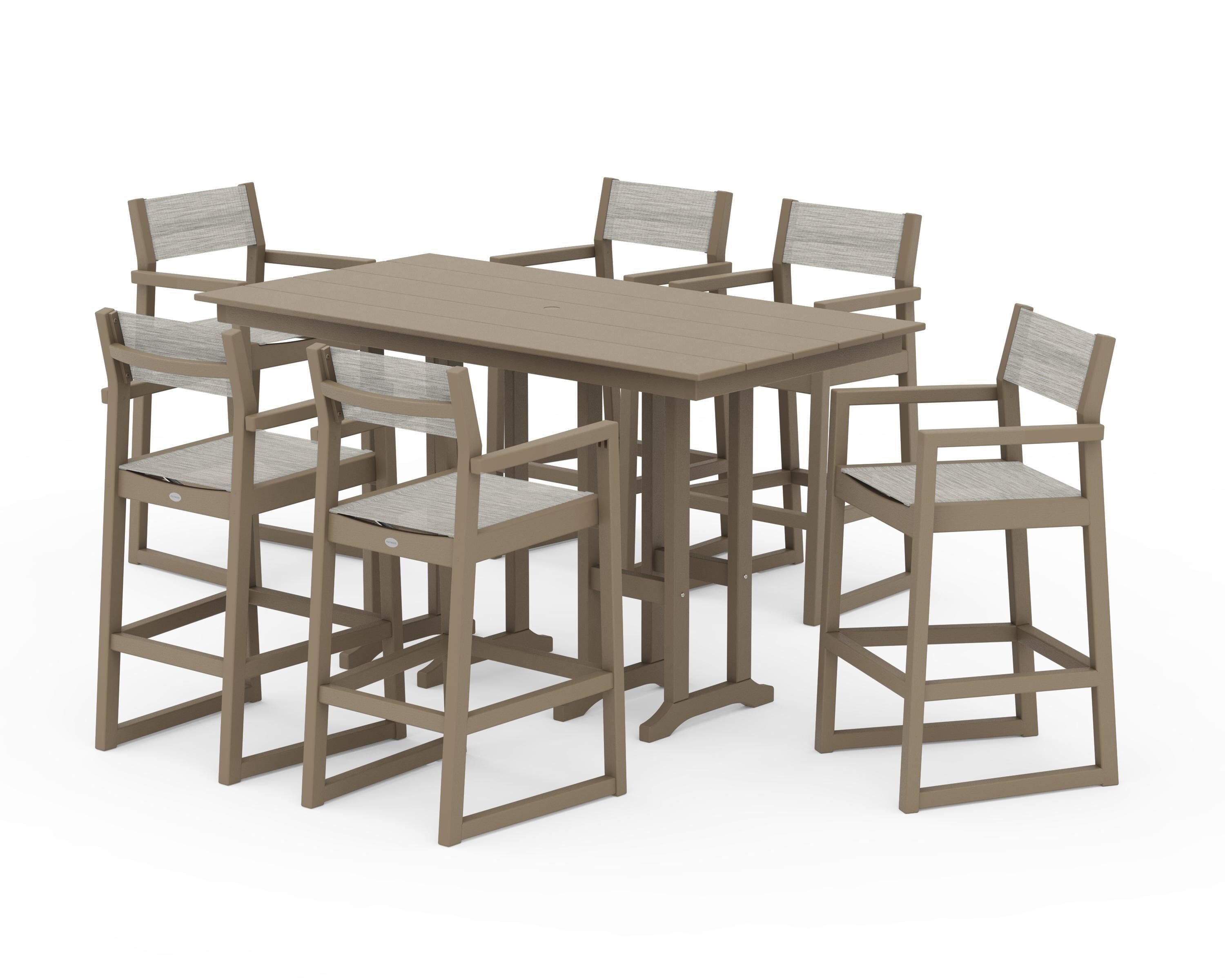 POLYWOOD EDGE Sling Arm Chair 7-Piece Farmhouse Bar Set in Vintage Sahara / Birch Sling