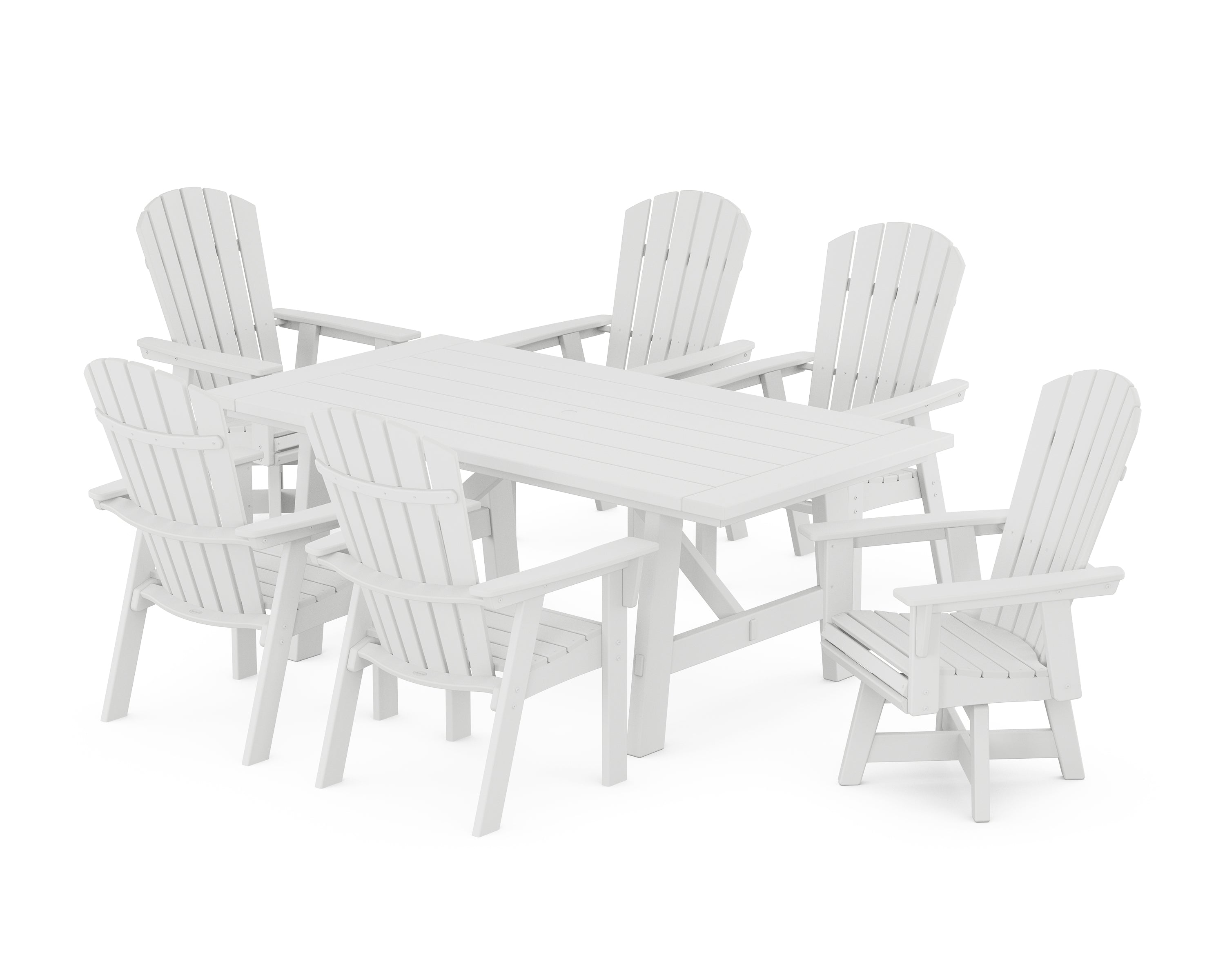 POLYWOOD® Nautical Curveback Adirondack Swivel Chair 7-Piece Rustic Farmhouse Dining Set in White