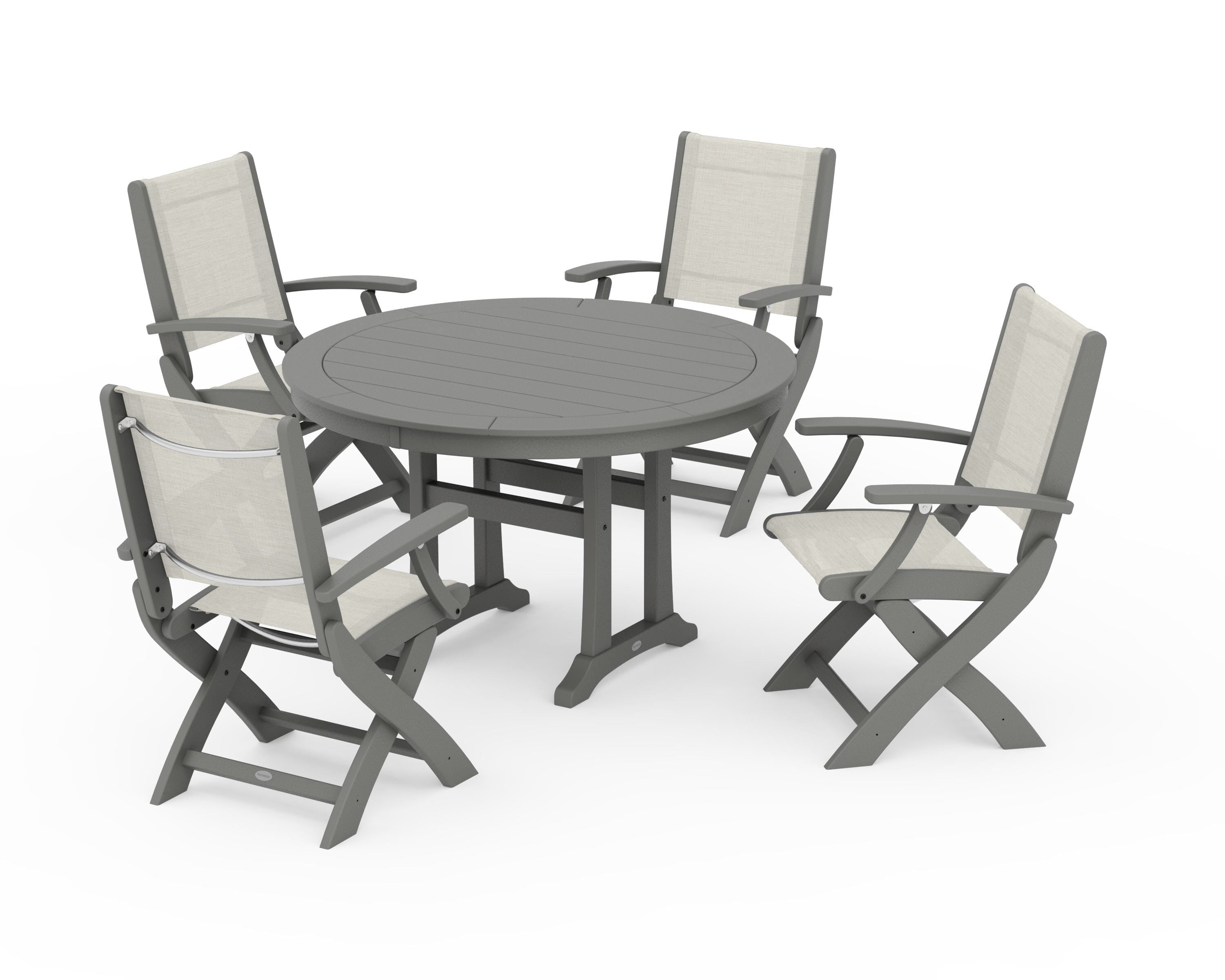 POLYWOOD Coastal Folding Chair 5-Piece Round Dining Set with Trestle Legs in Slate Grey / Parchment Sling