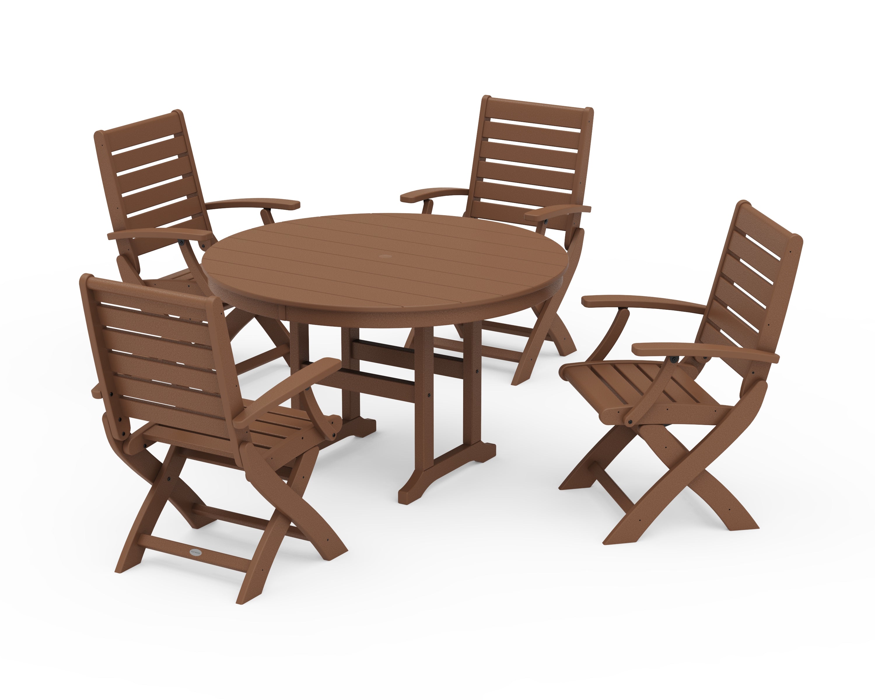 POLYWOOD Signature Folding Chair 5-Piece Round Farmhouse Dining Set in Teak
