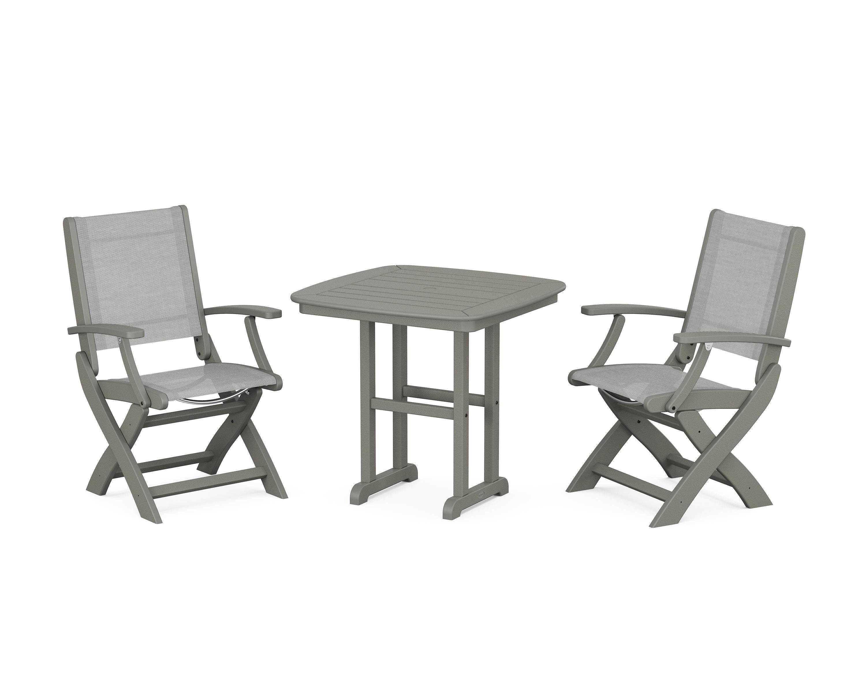 POLYWOOD Coastal Folding Chair 3-Piece Dining Set in Slate Grey / Metallic Sling