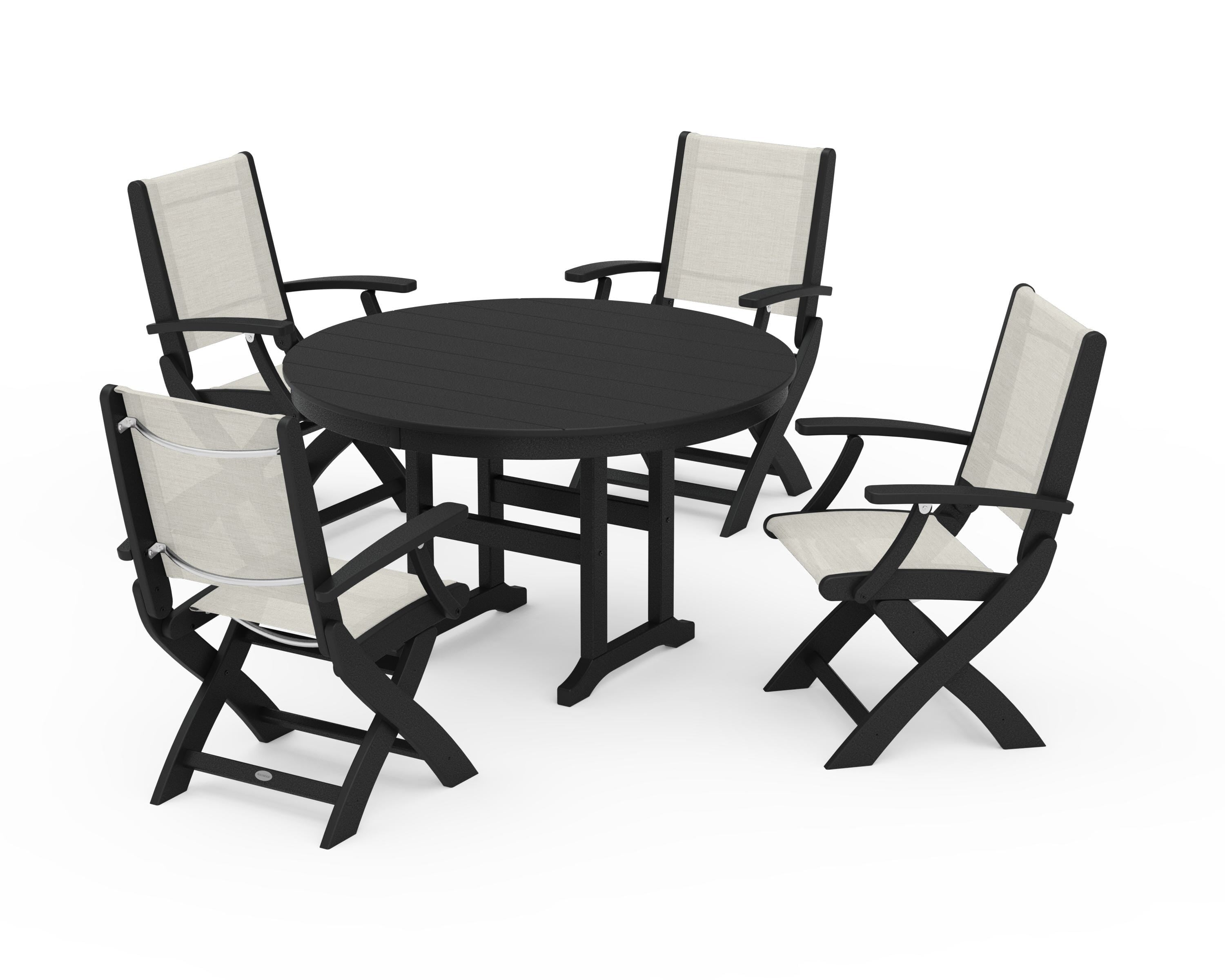 POLYWOOD Coastal Folding Chair 5-Piece Round Dining Set in Black / Parchment Sling