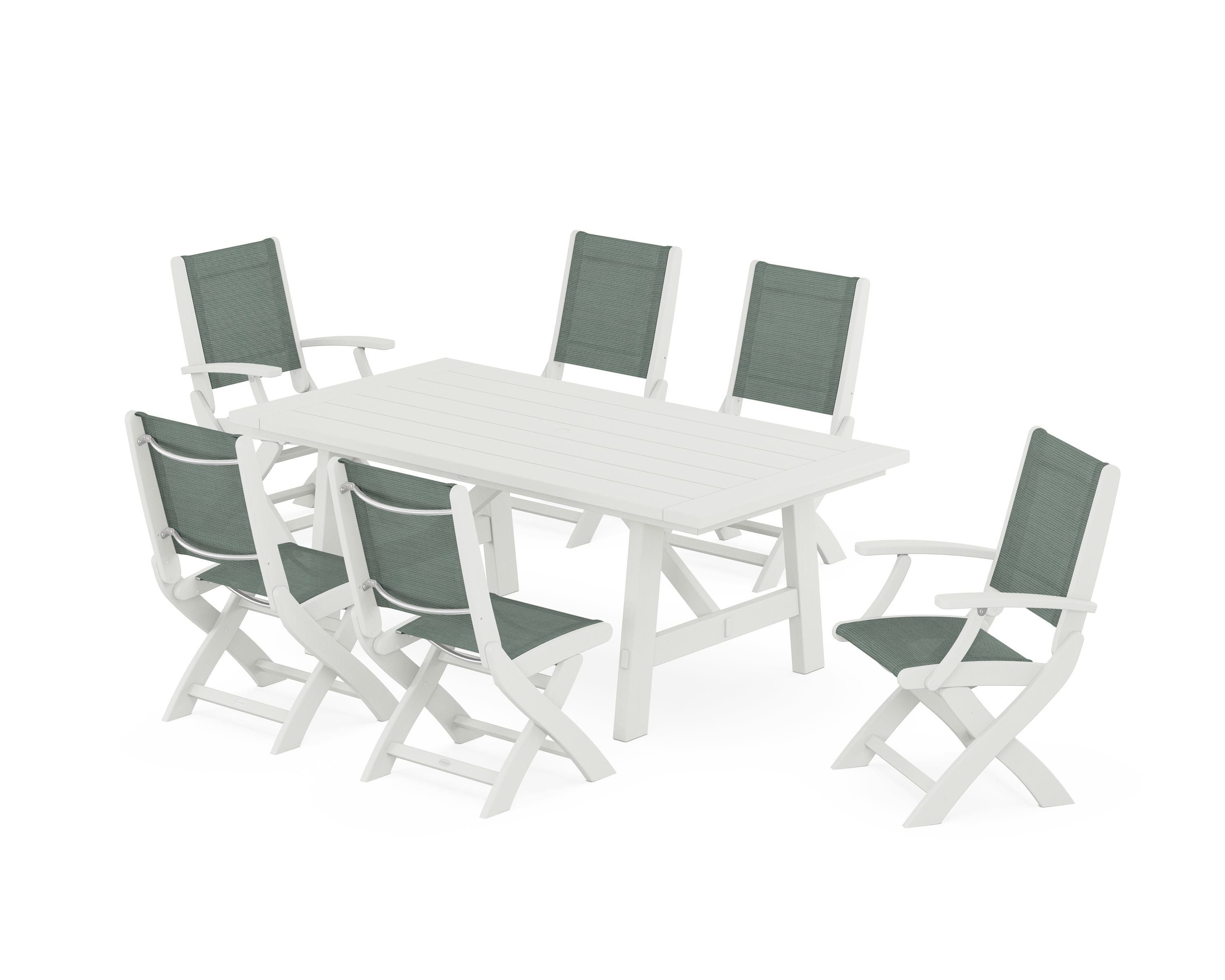 POLYWOOD Coastal Folding Chair 7-Piece Rustic Farmhouse Dining Set in Vintage White / Dupioni Sea Mist Sling