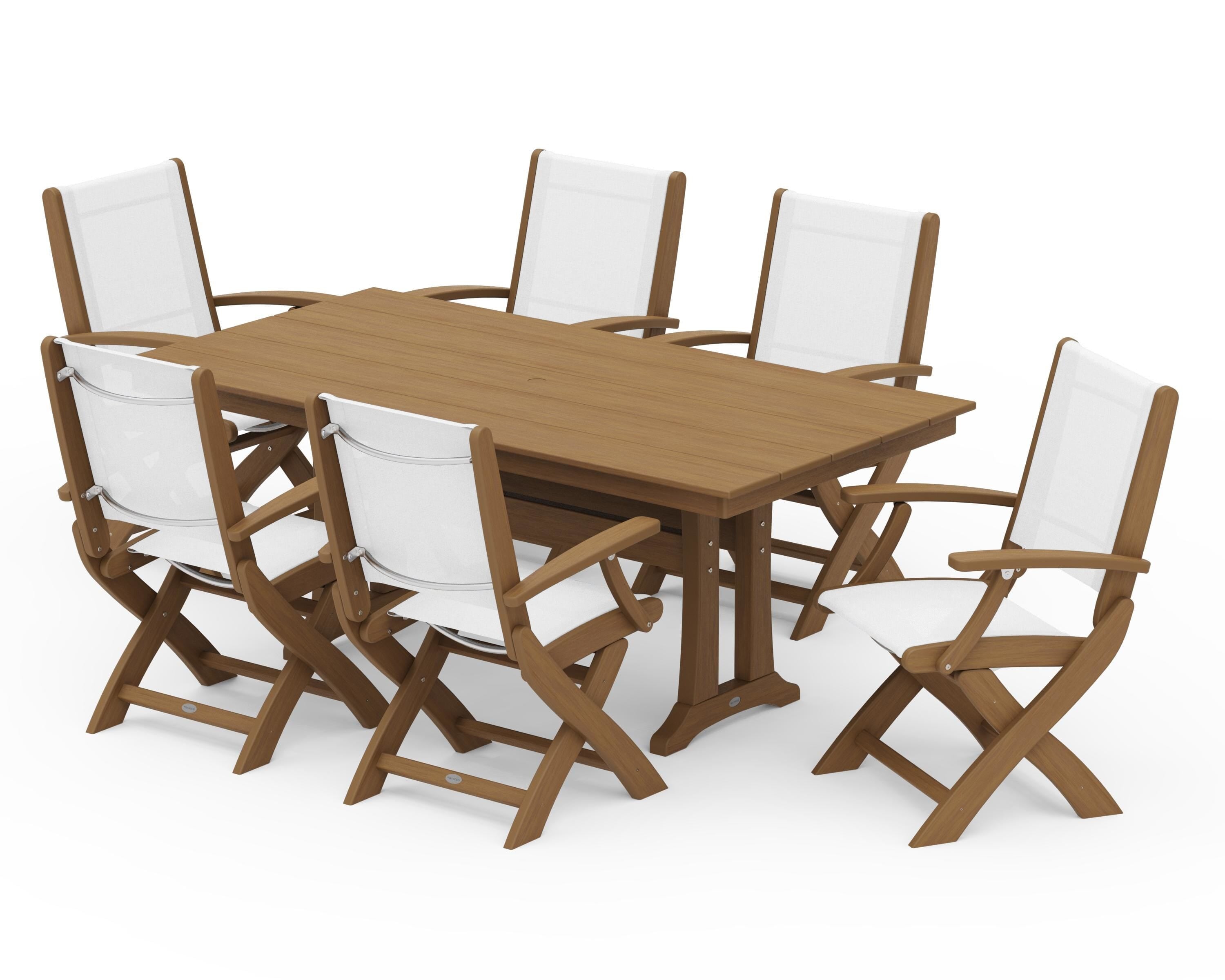 POLYWOOD Coastal Folding Arm Chair 7-Piece Farmhouse Dining Set with Trestle Legs in Natural / White Sling