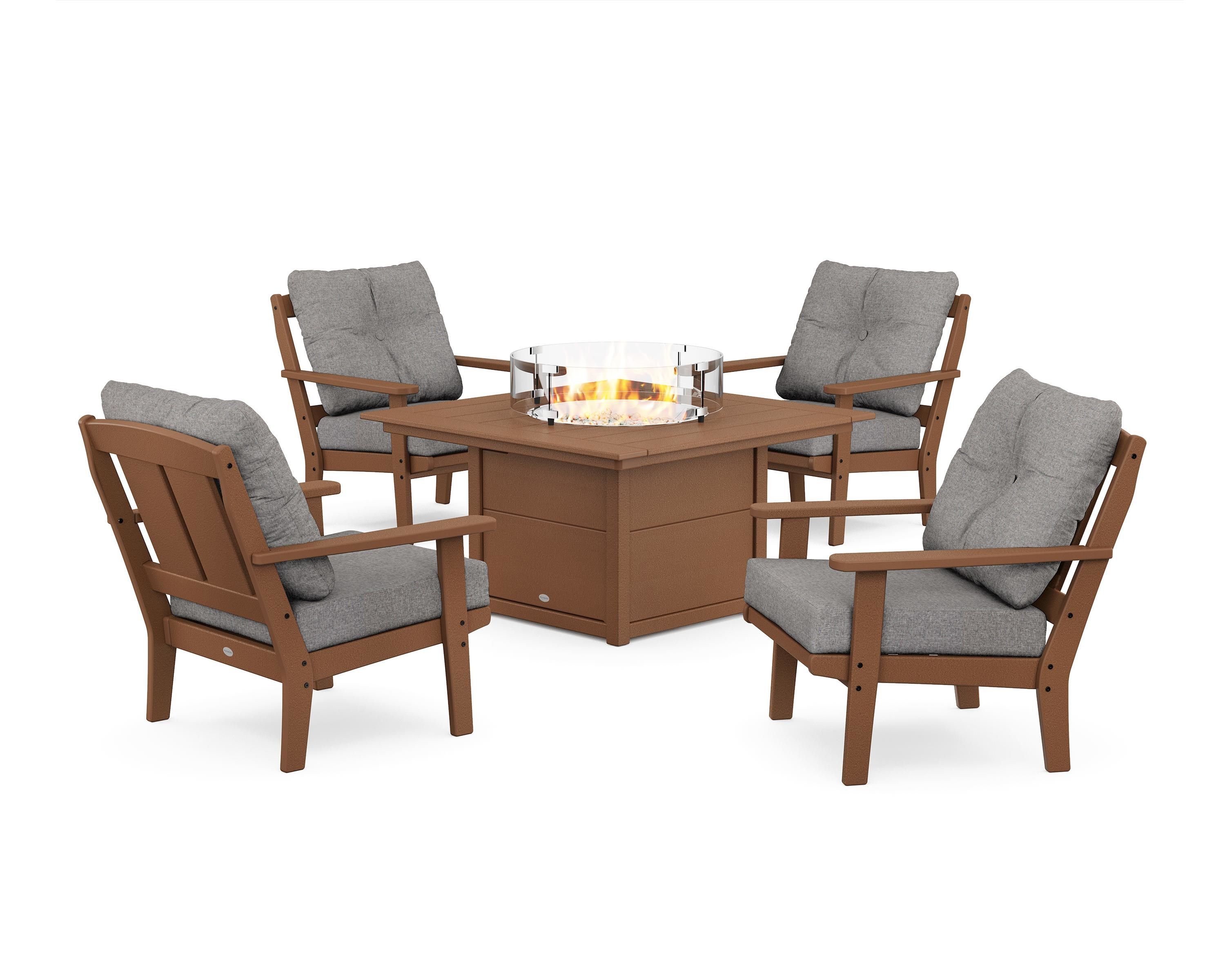 POLYWOOD Mission 5-Piece Deep Seating Set with Fire Pit Table in Teak / Grey Mist