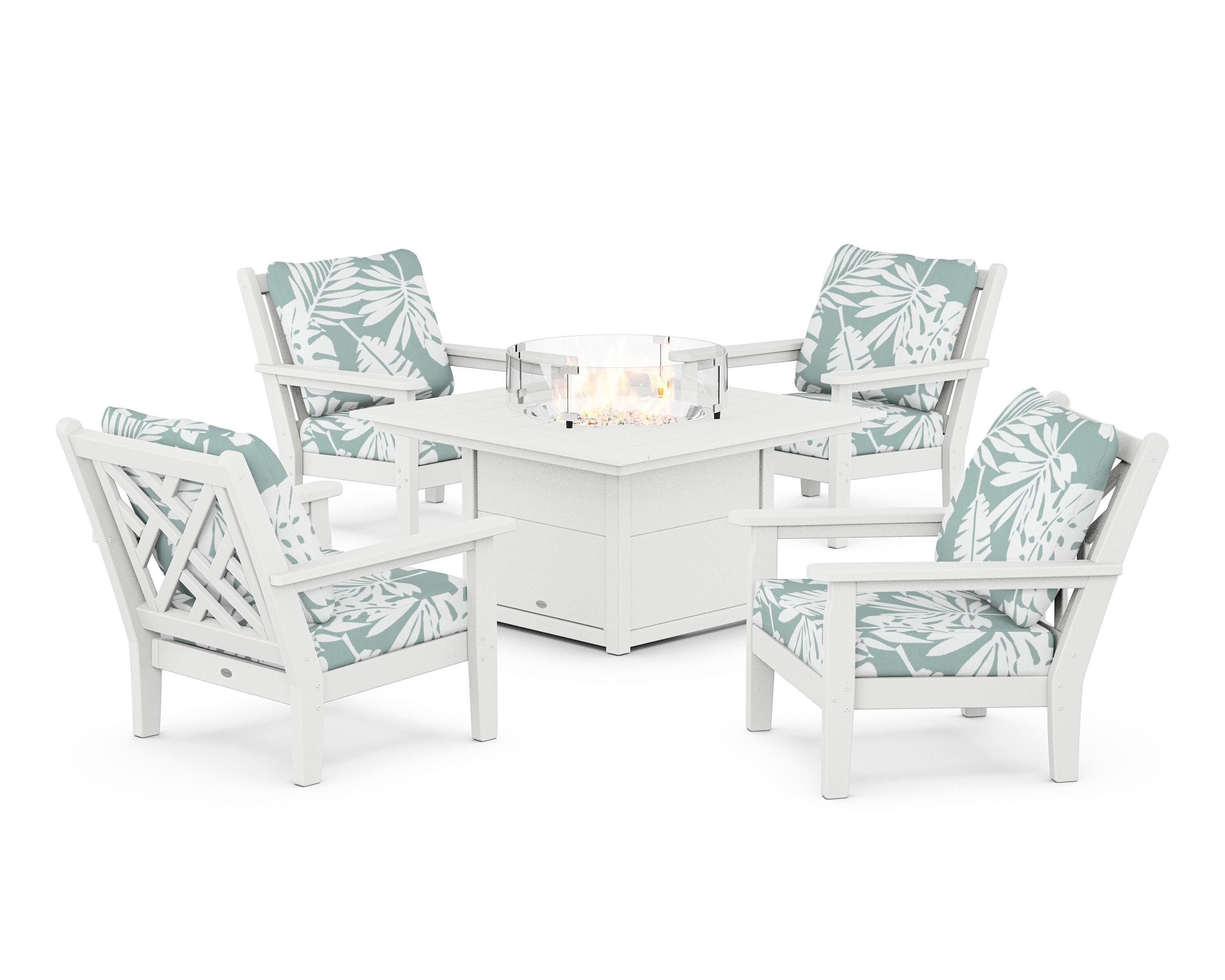 POLYWOOD Chippendale 5-Piece Deep Seating Set with Fire Pit Table in White / Leaf Glacier Spa