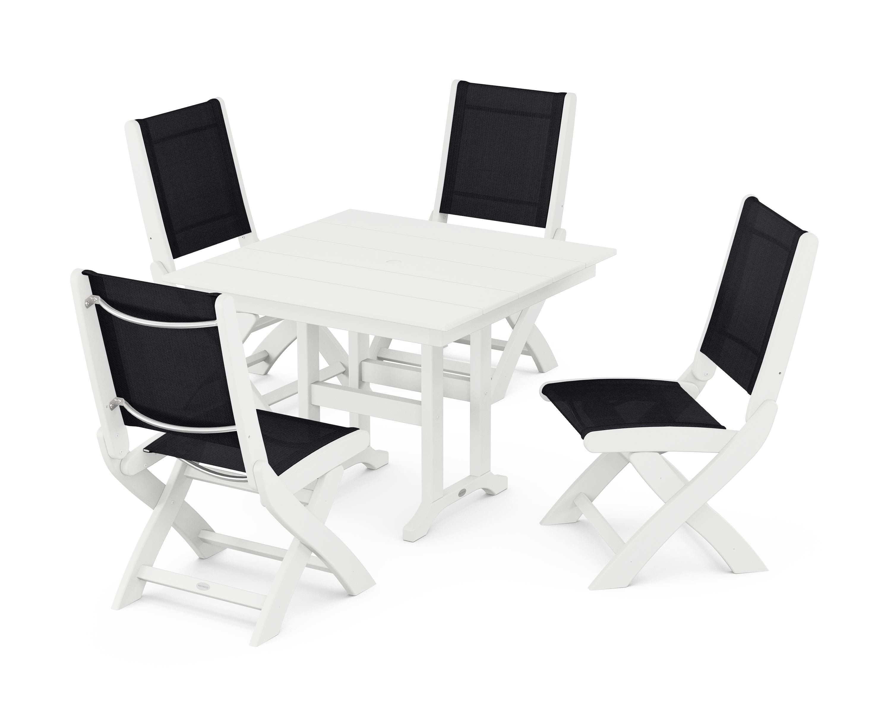 POLYWOOD Coastal Folding Side Chair 5-Piece Farmhouse Dining Set in White / Black Sling