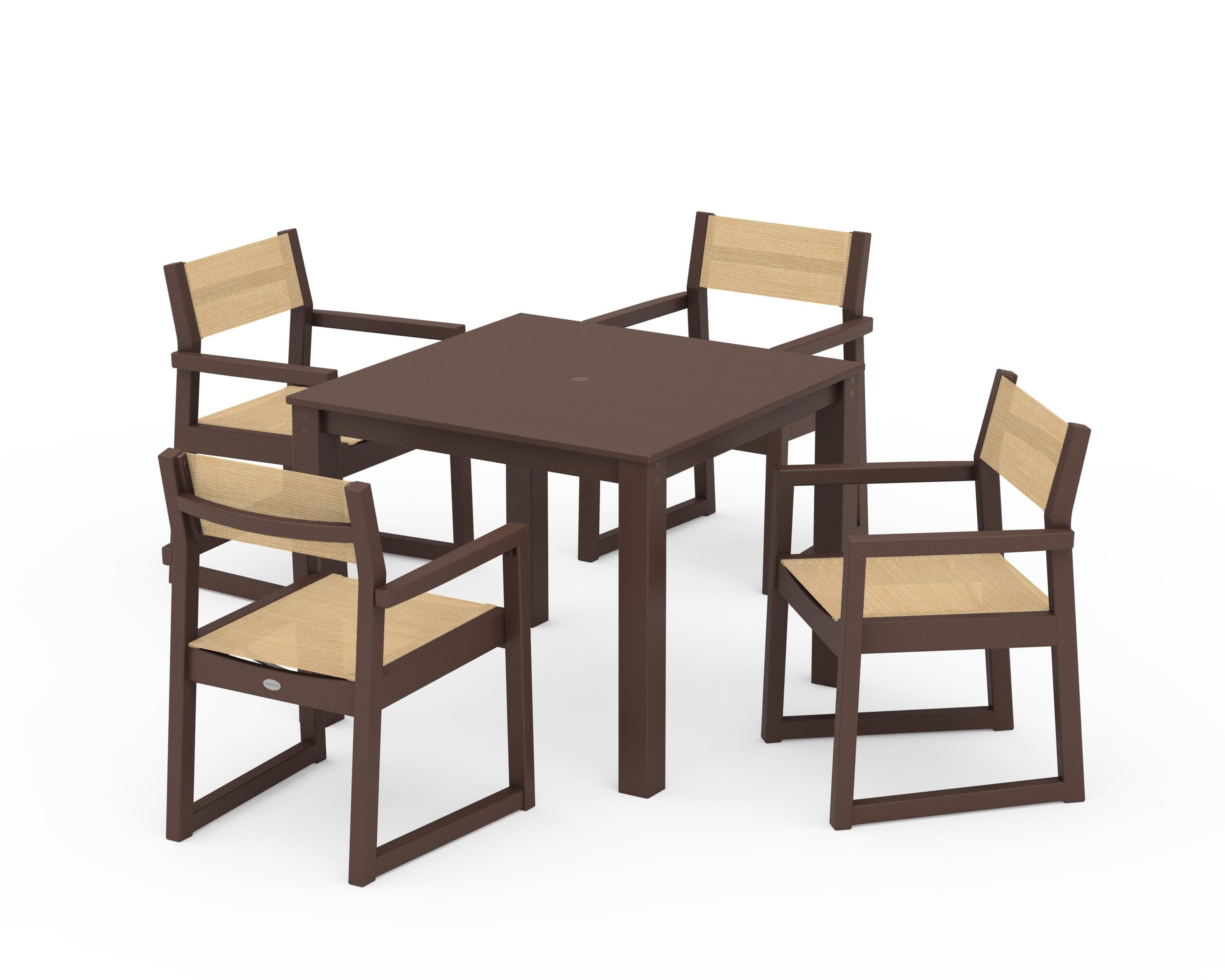 POLYWOOD EDGE Sling Arm Chair 5-Piece Parsons Dining Set in Mahogany / Dupioni Apricot Sling