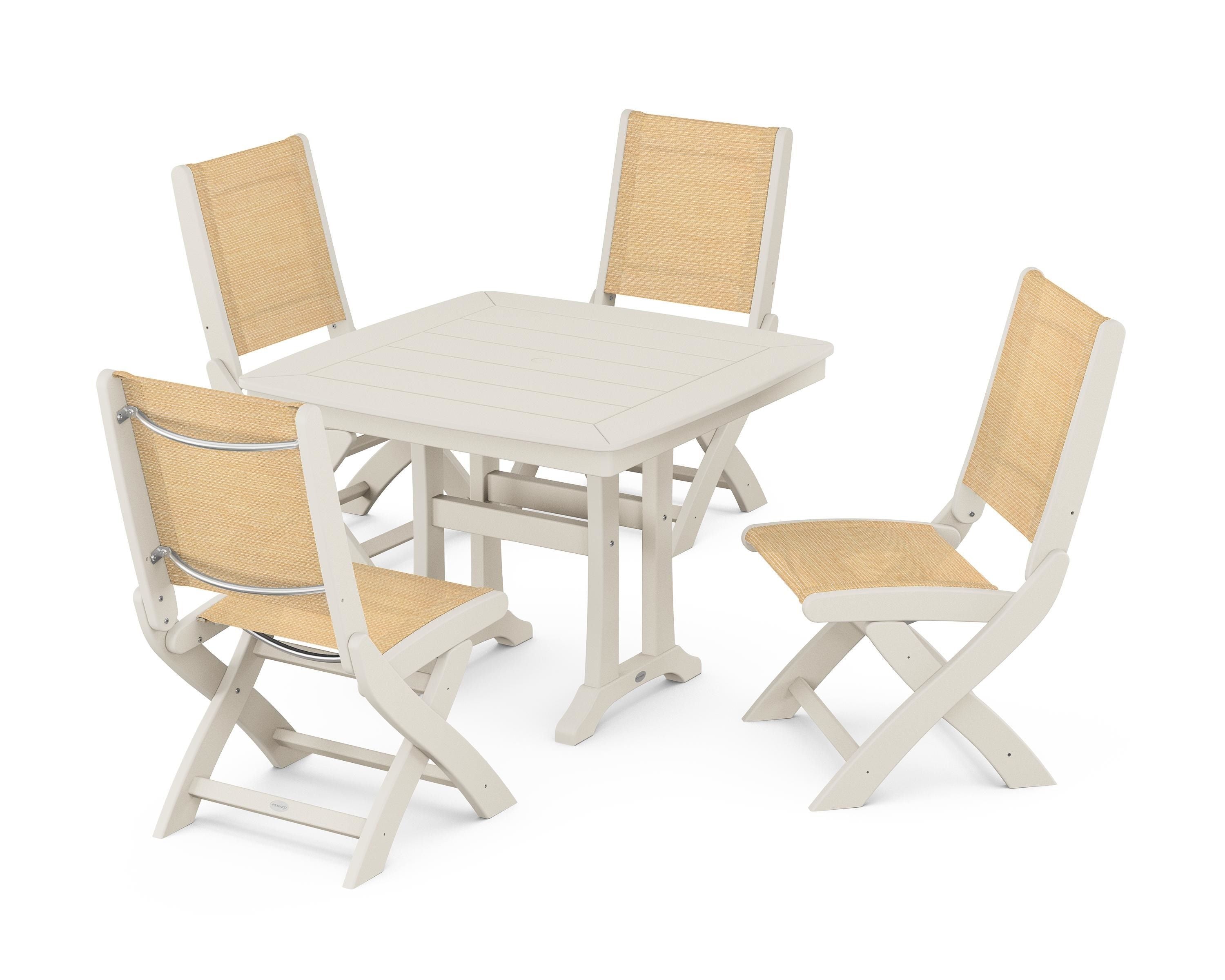 POLYWOOD Coastal Folding Side Chair 5-Piece Dining Set with Trestle Legs in Sand / Dupioni Apricot Sling
