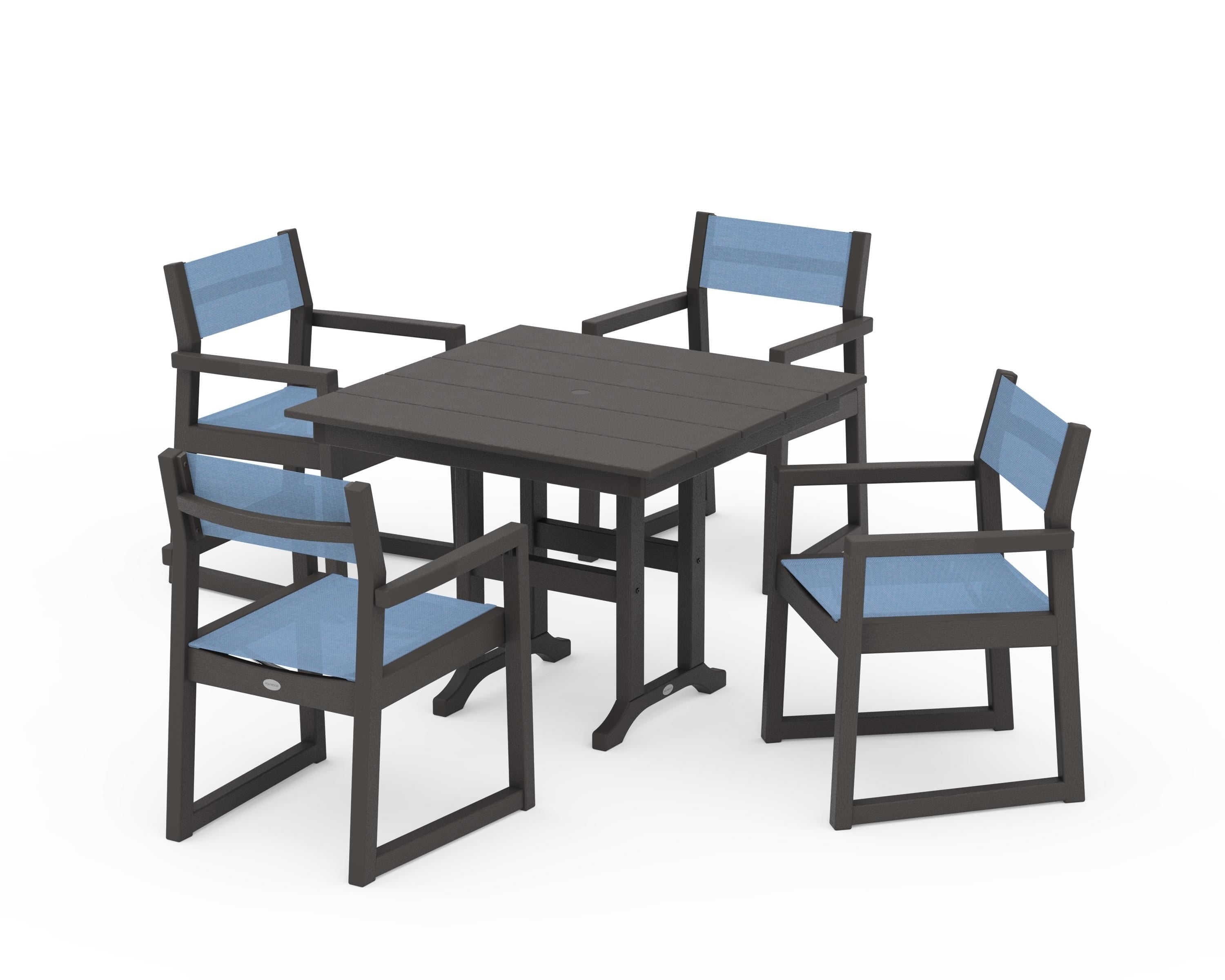 POLYWOOD EDGE Sling Arm Chair 5-Piece Farmhouse Dining Set in Vintage Coffee / Poolside Sling