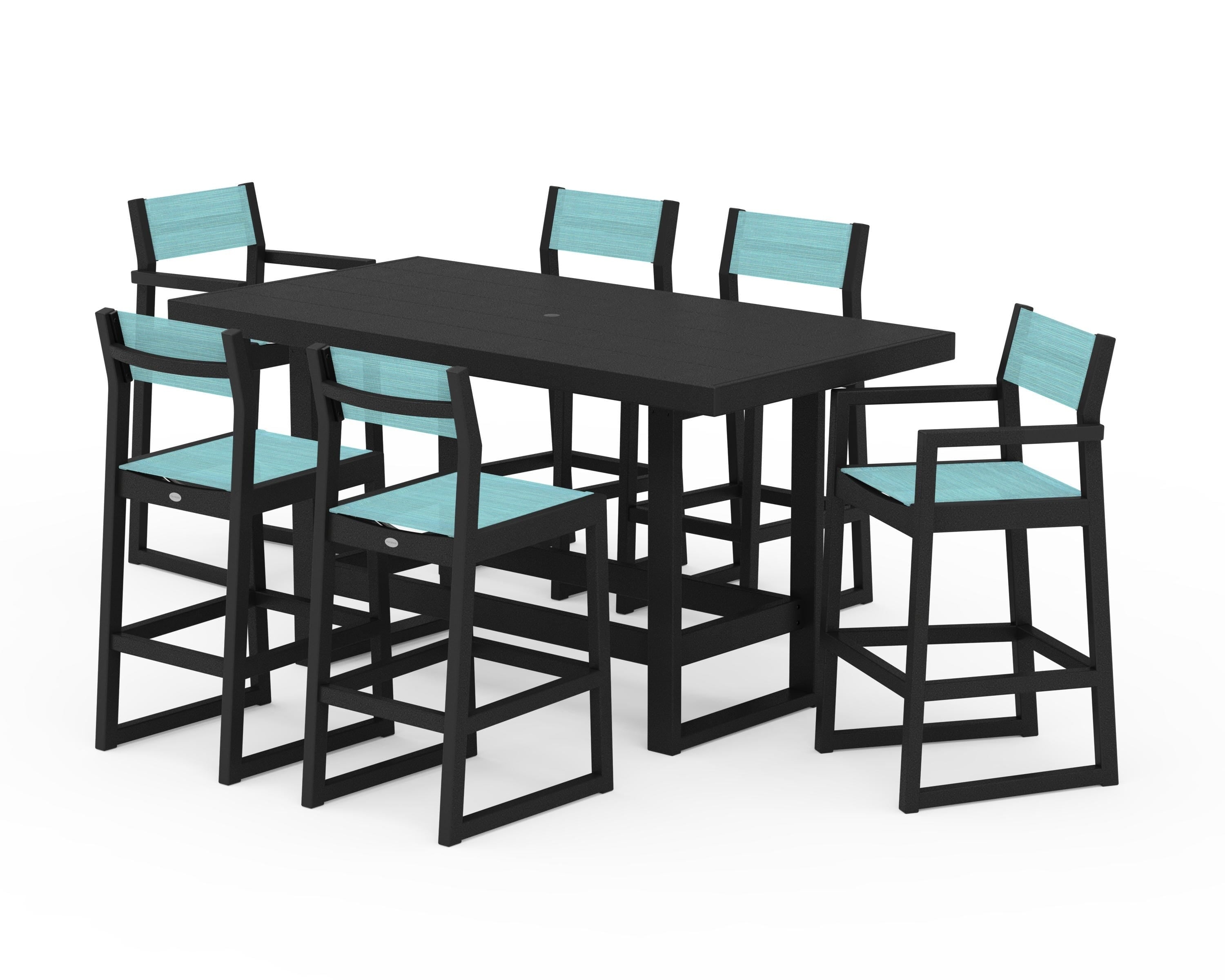 POLYWOOD EDGE Sling 7-Piece Bar Table Set in Black / Dupioni Aquamarine Sling