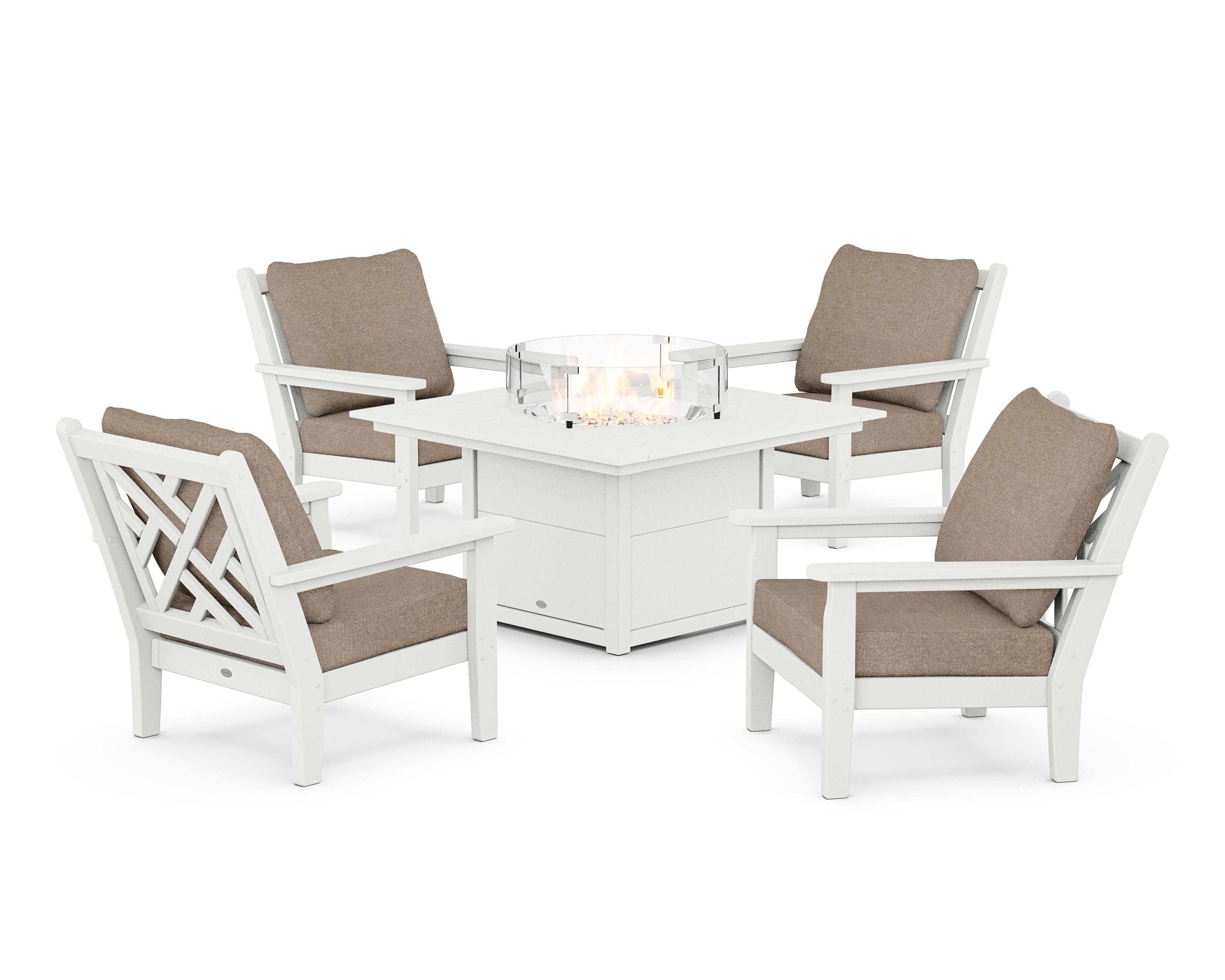 POLYWOOD Chippendale 5-Piece Deep Seating Set with Fire Pit Table in White / Spiced Burlap