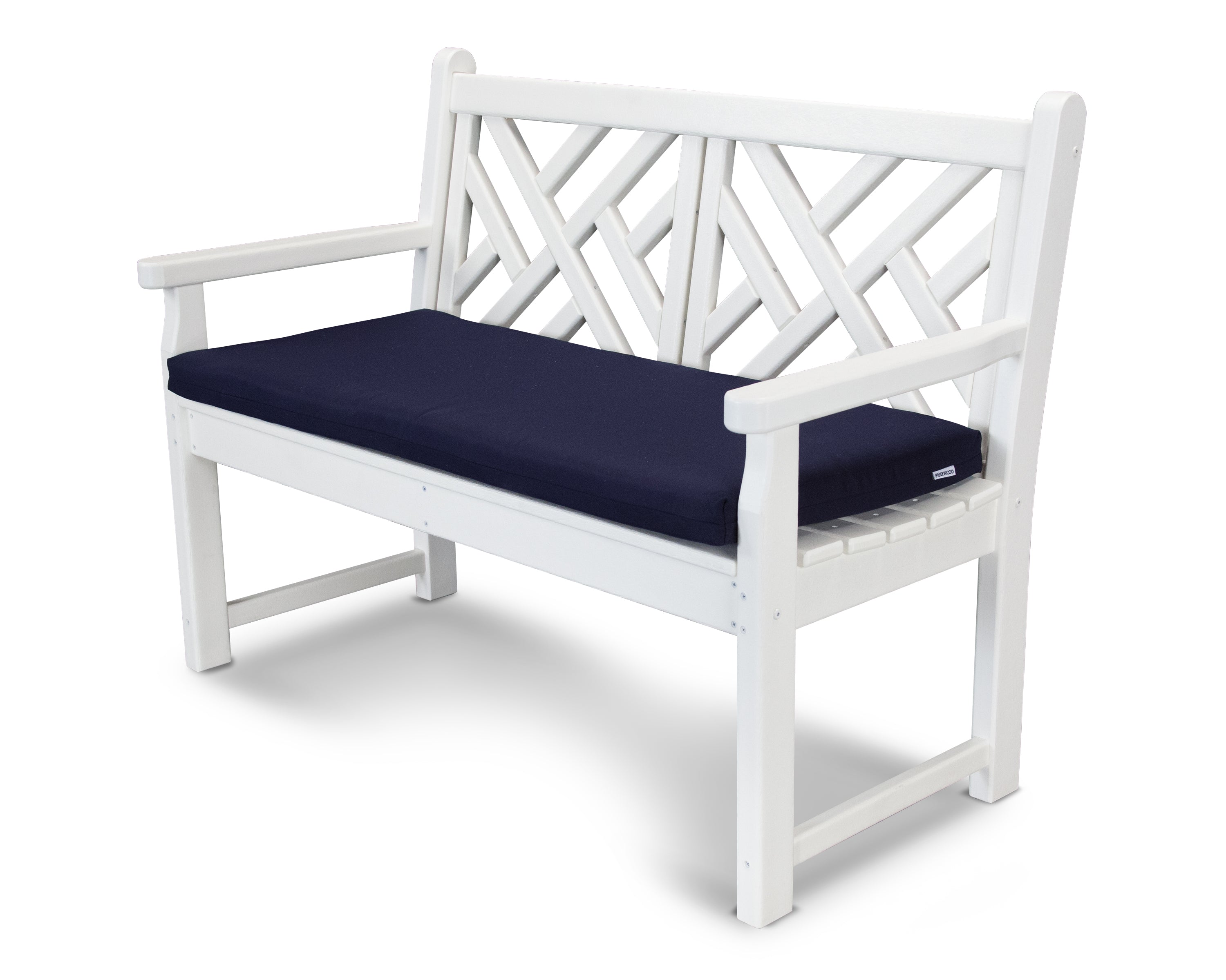 POLYWOOD Chippendale 48" Bench with Seat Cushion in White / Navy