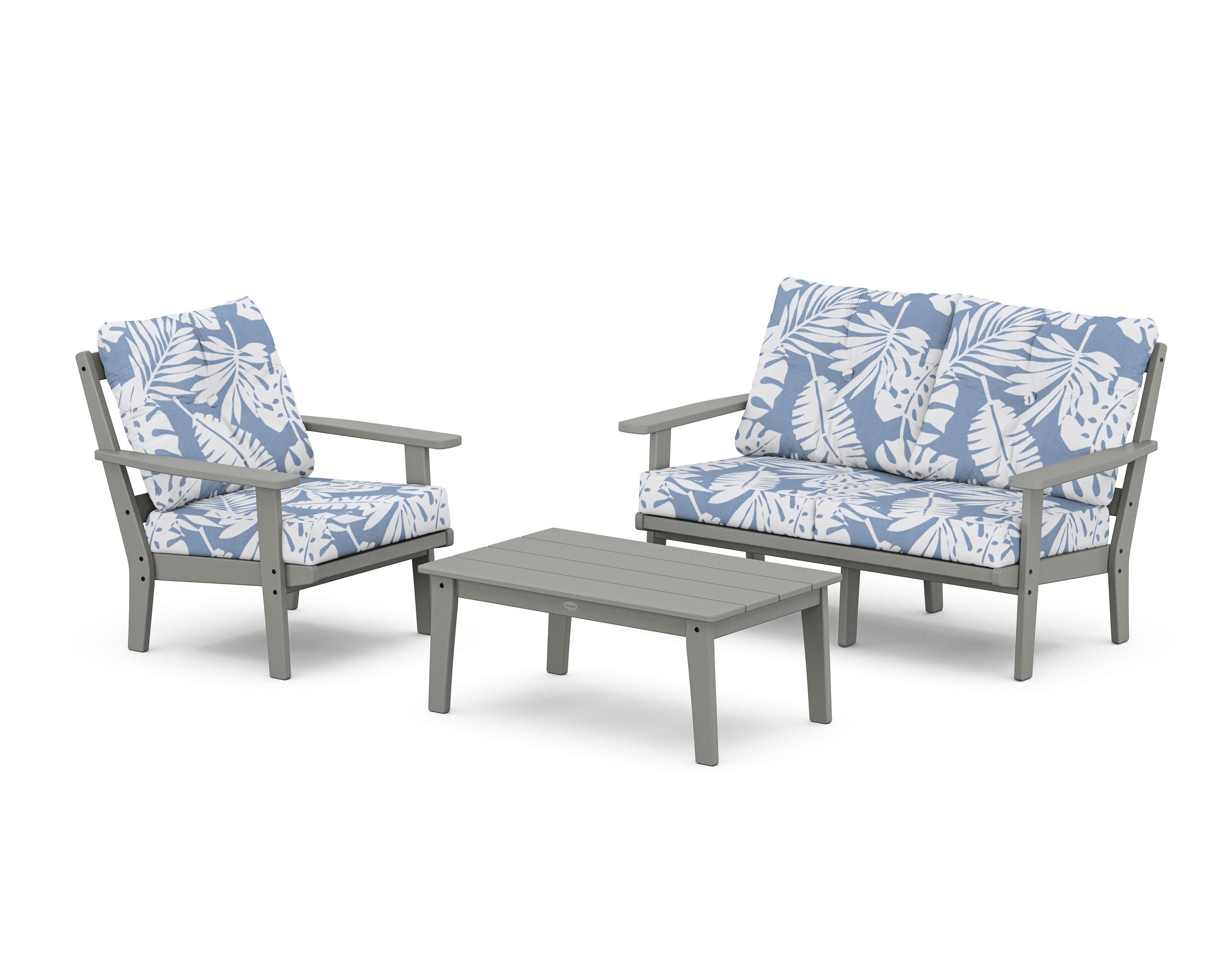POLYWOOD Oxford 3-Piece Deep Seating Set with Loveseat in Slate Grey / Leaf Sky Blue