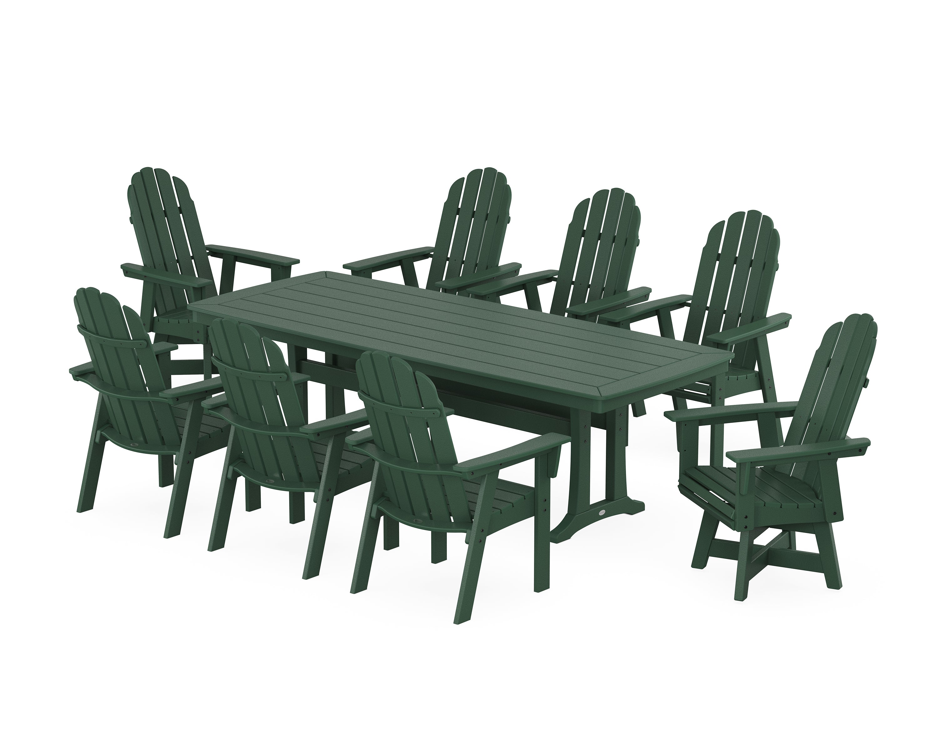 POLYWOOD® Vineyard Curveback Adirondack Swivel 9-Piece Dining Set with Trestle Legs in Green