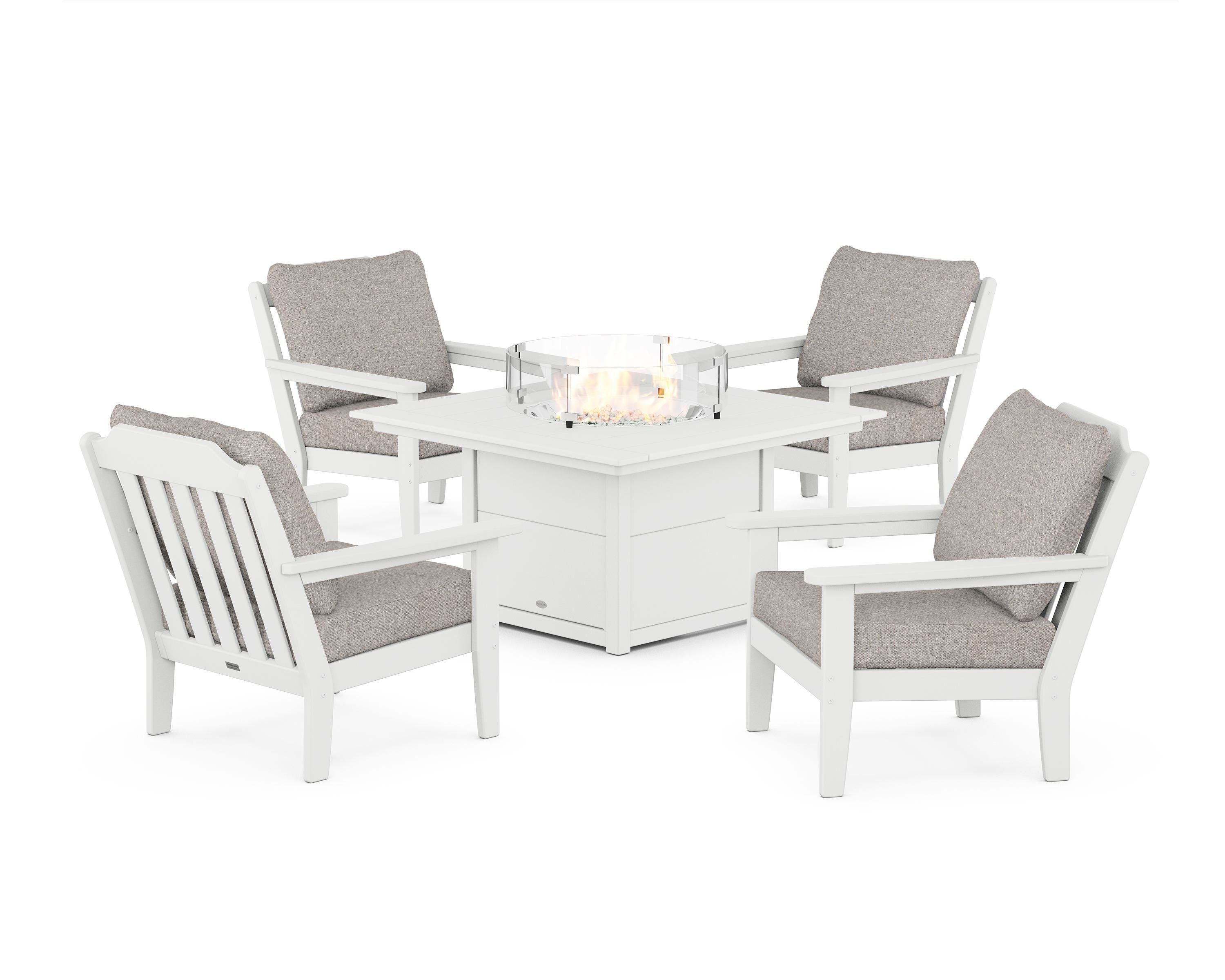 Country Living Cottage 5-Piece Deep Seating Set with Fire Pit Table in White / Weathered Tweed