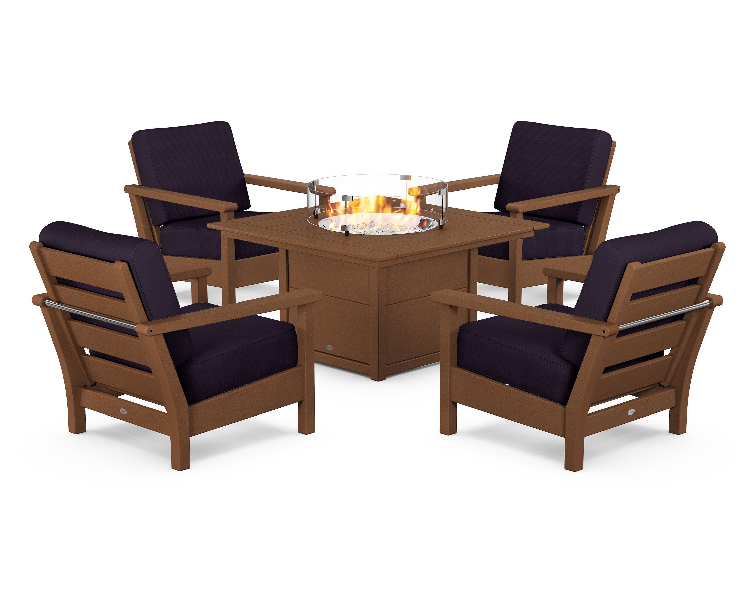 POLYWOOD Harbour 5-Piece Conversation Set with Fire Pit Table in Teak / Navy Linen