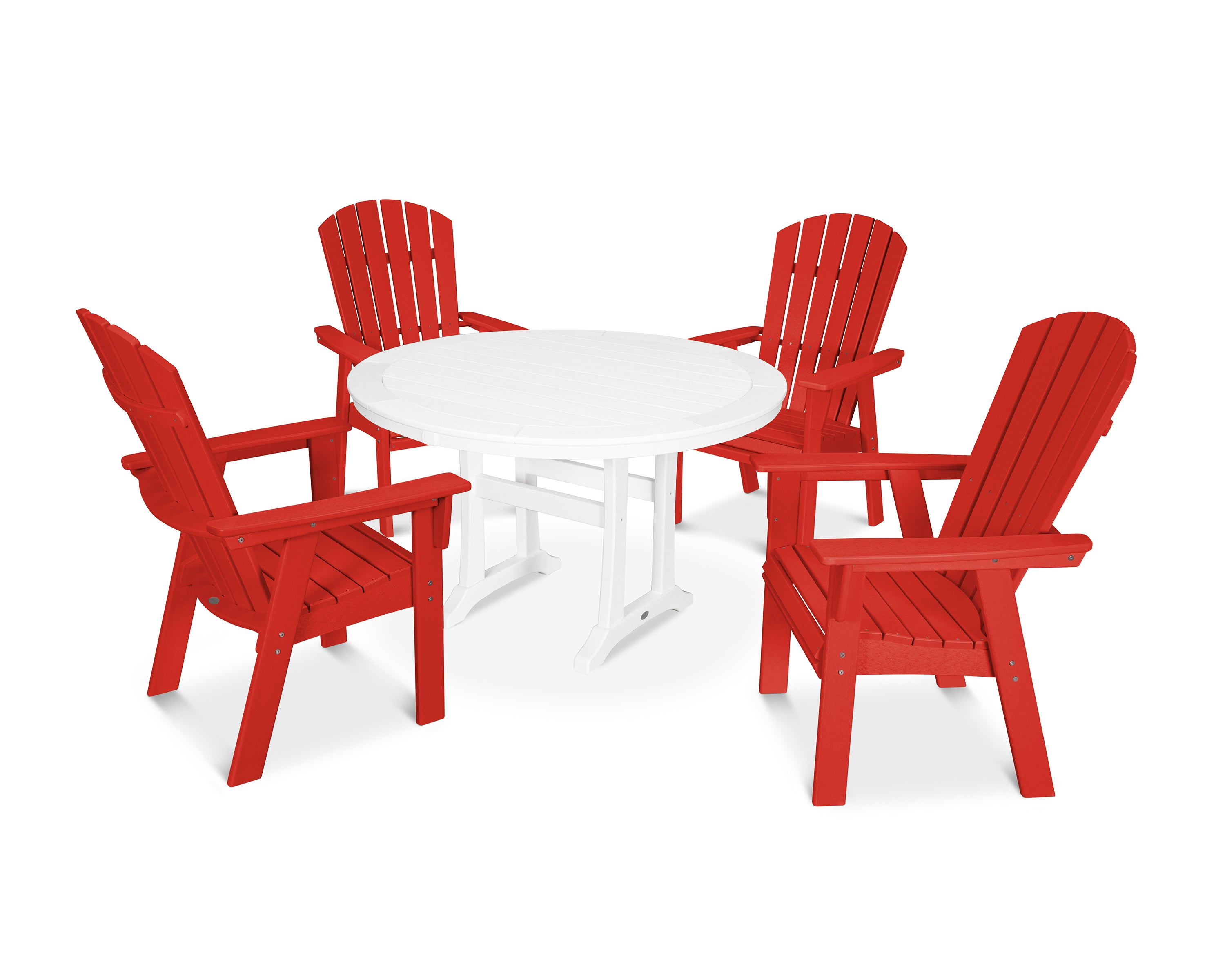 POLYWOOD® Nautical Curveback Adirondack 5-Piece Round Dining Set with Trestle Legs in Sunset Red / White