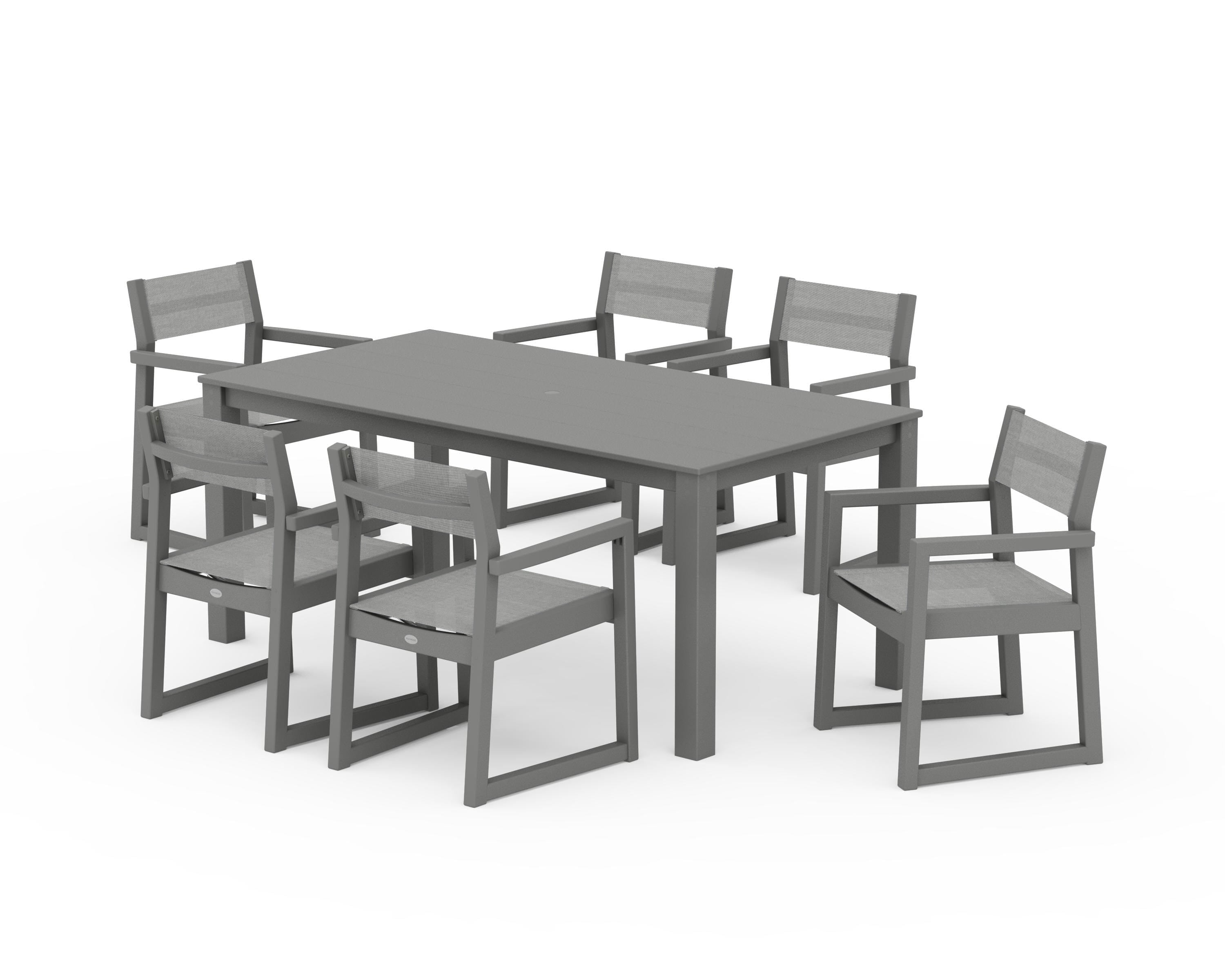 POLYWOOD EDGE Sling Arm Chair 7-Piece Parsons Dining Set in Slate Grey / Metallic Sling