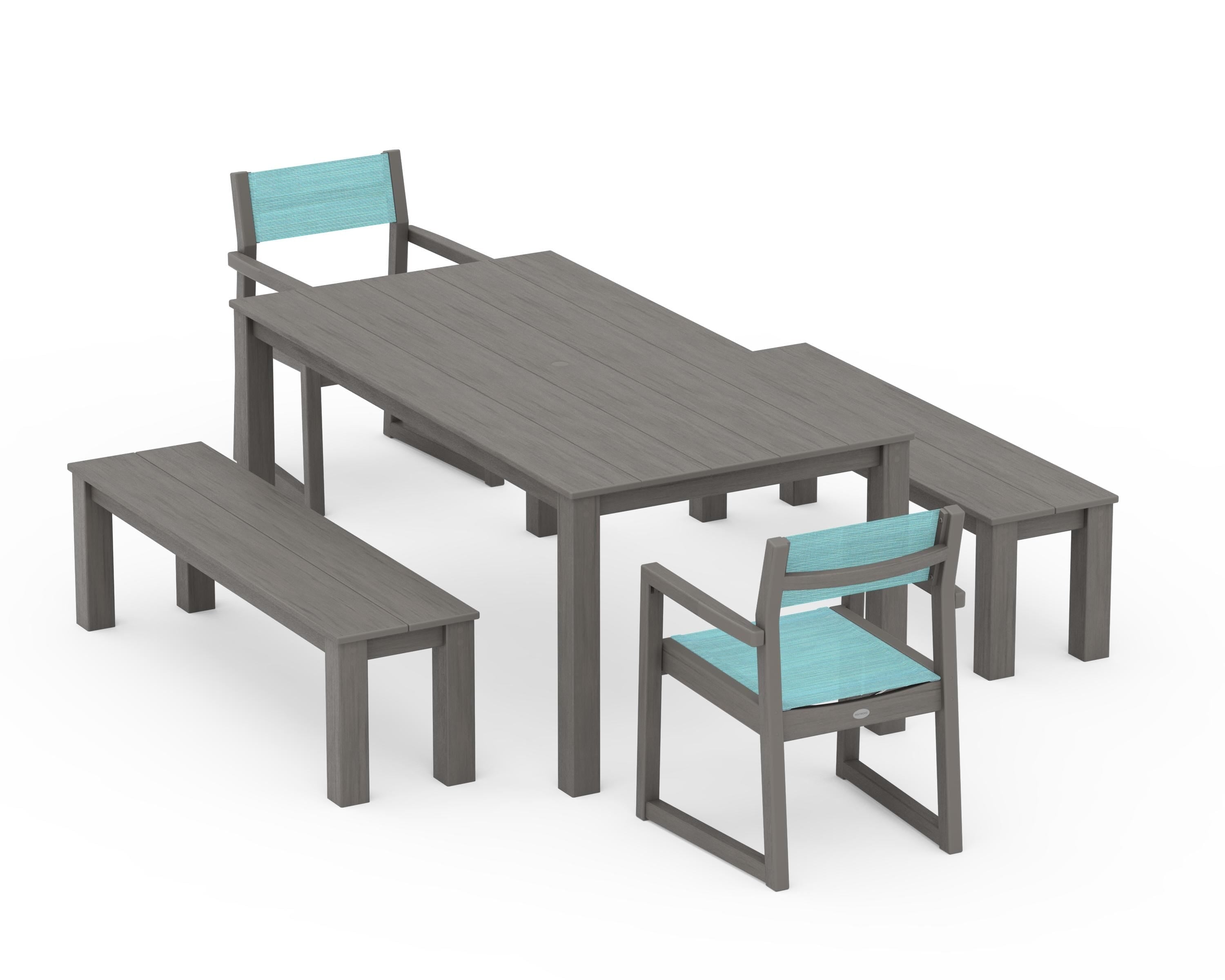POLYWOOD EDGE Sling Arm Chair 5-Piece Parsons Dining Set with Benches in Driftwood / Dupioni Aquamarine Sling