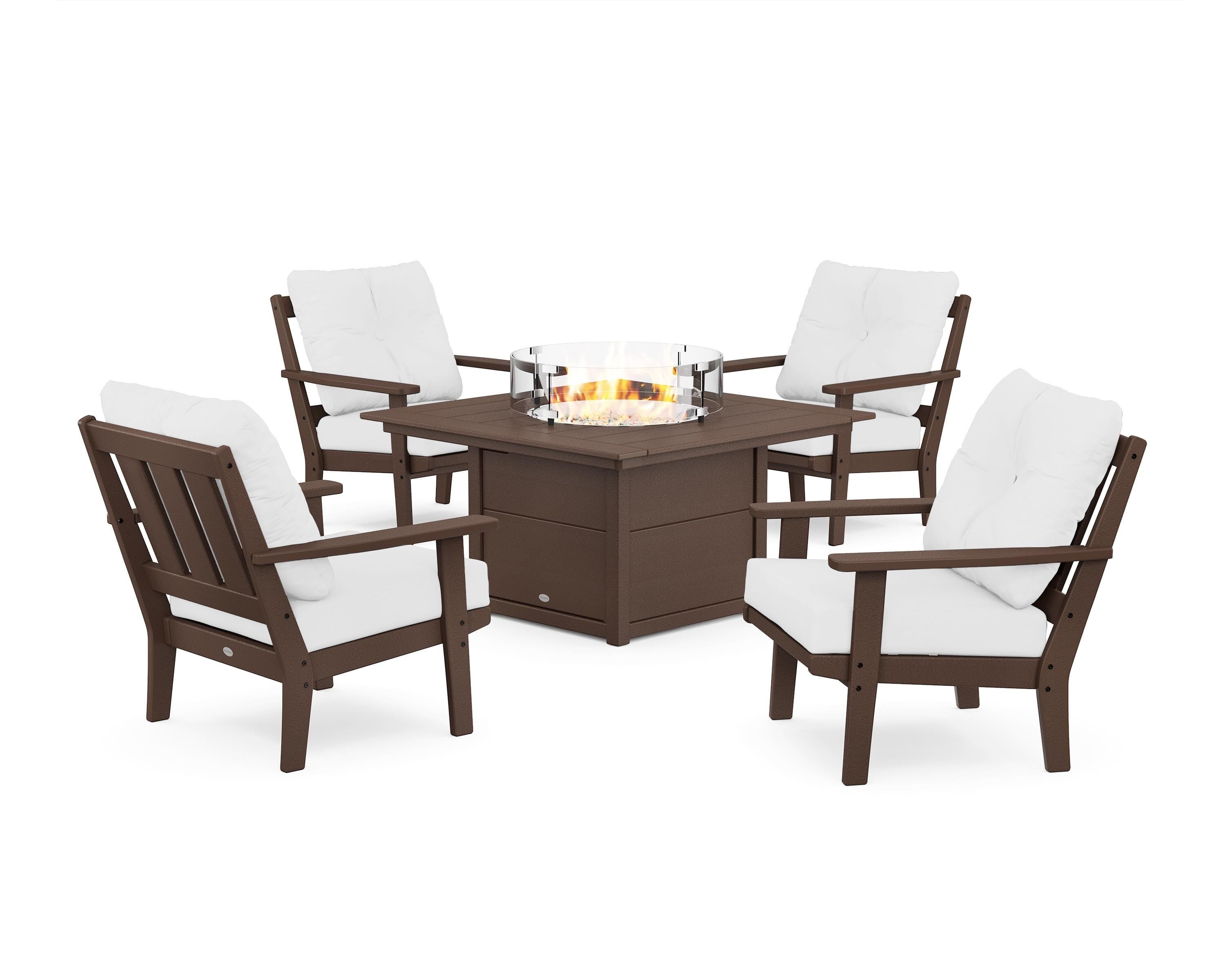 POLYWOOD Oxford 5-Piece Deep Seating Set with Fire Pit Table in Mahogany / Natural