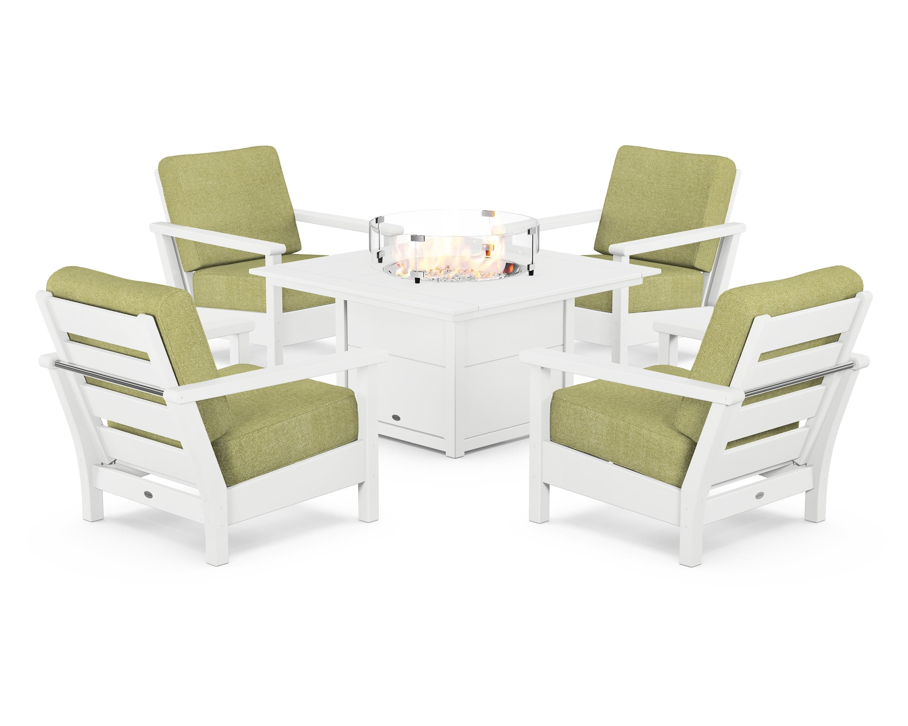 POLYWOOD Harbour 5-Piece Conversation Set with Fire Pit Table in White / Chartreuse Boucle
