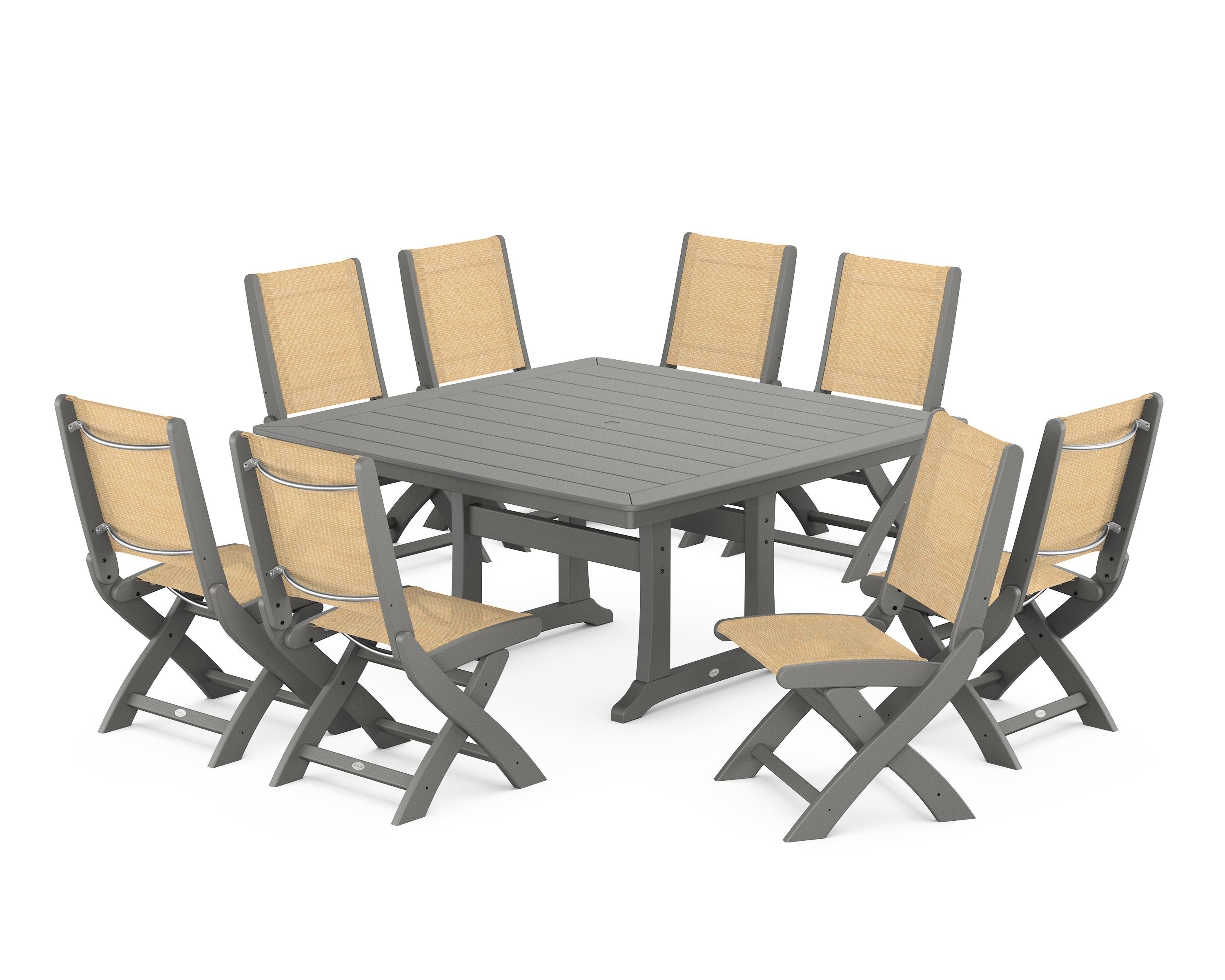POLYWOOD Coastal Folding Side Chair 9-Piece Dining Set with Trestle Legs in Slate Grey / Dupioni Apricot Sling