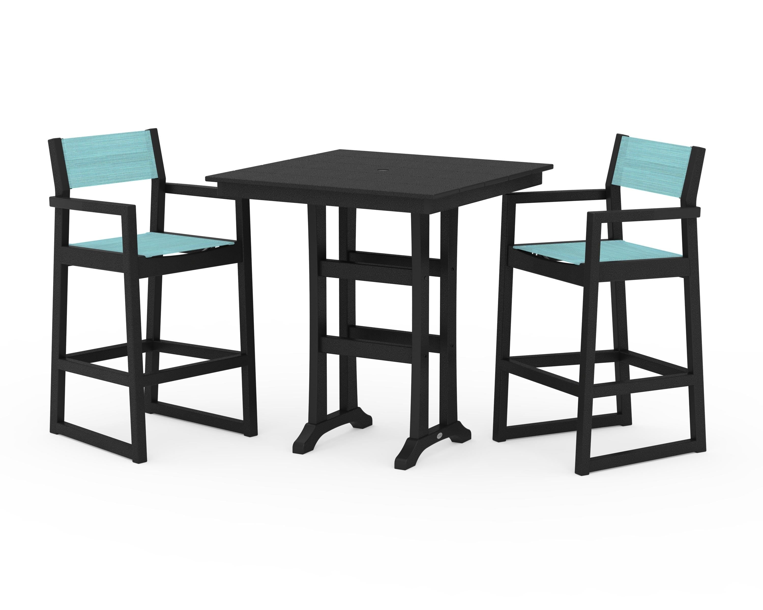POLYWOOD EDGE Sling Arm Chair 3-Piece Farmhouse Bar Set with Trestle Legs in Black / Dupioni Aquamarine Sling