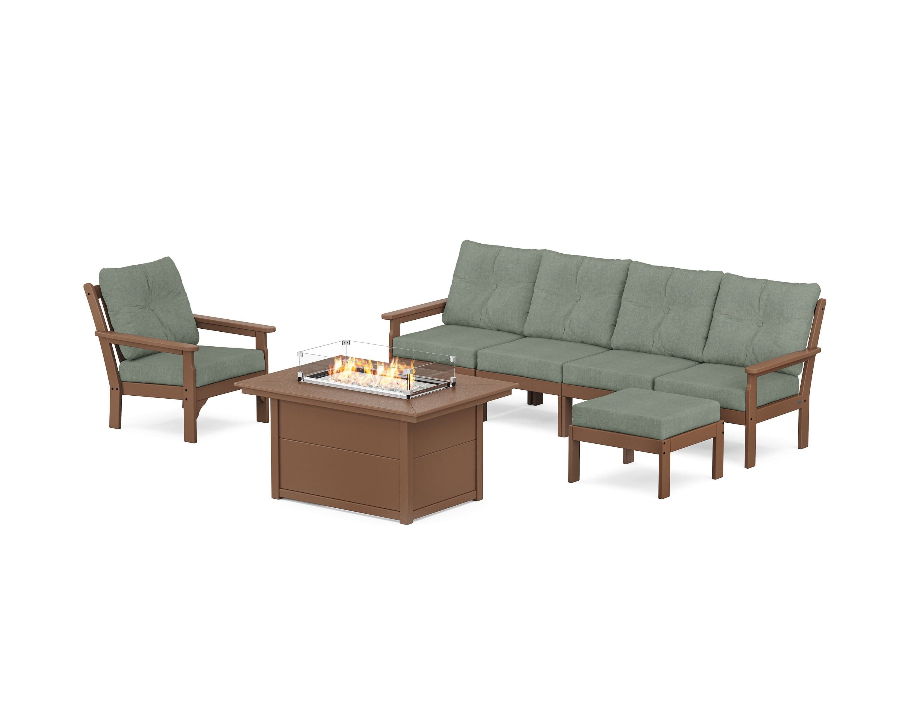 POLYWOOD Vineyard Sectional Lounge and Fire Pit Set in Teak / Cast Sage