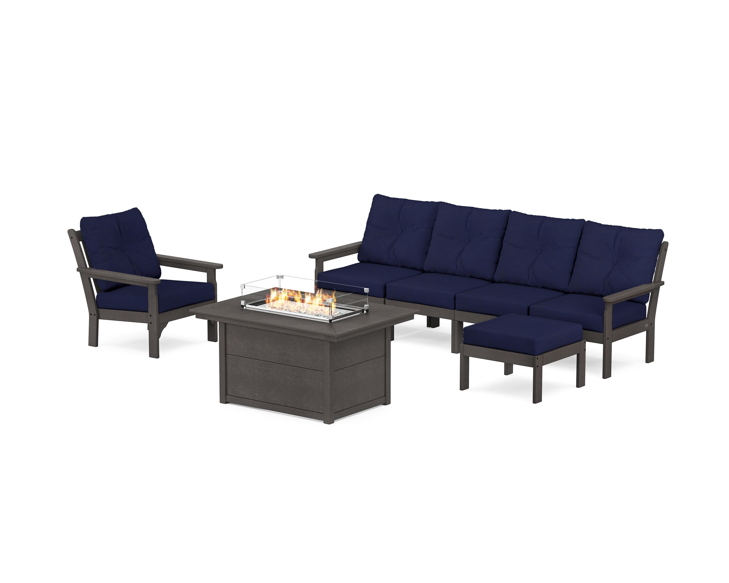 POLYWOOD Vineyard Sectional Lounge and Fire Pit Set in Vintage Coffee / Navy