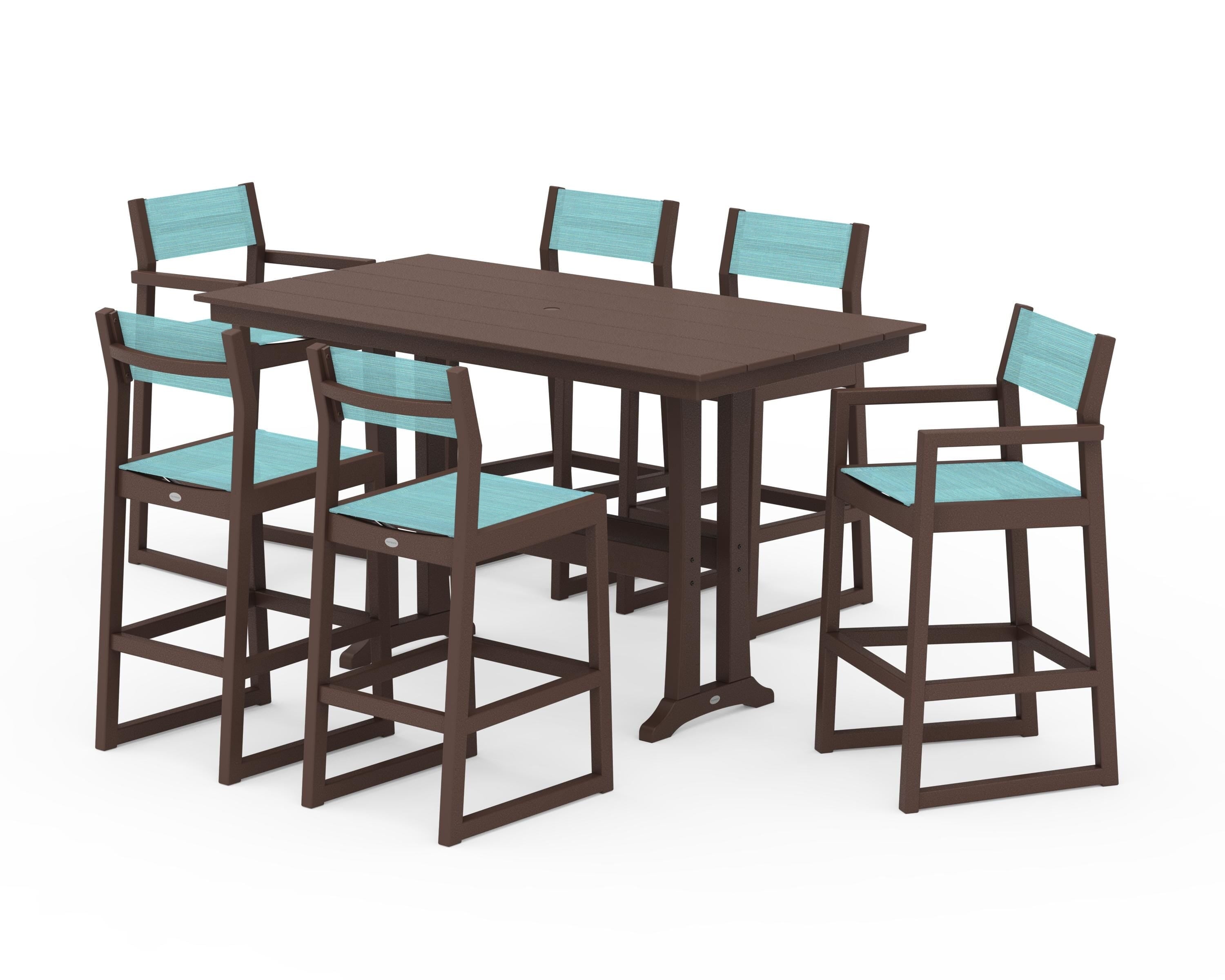POLYWOOD EDGE Sling 7-Piece Farmhouse Bar Set with Trestle Legs in Mahogany / Dupioni Aquamarine Sling