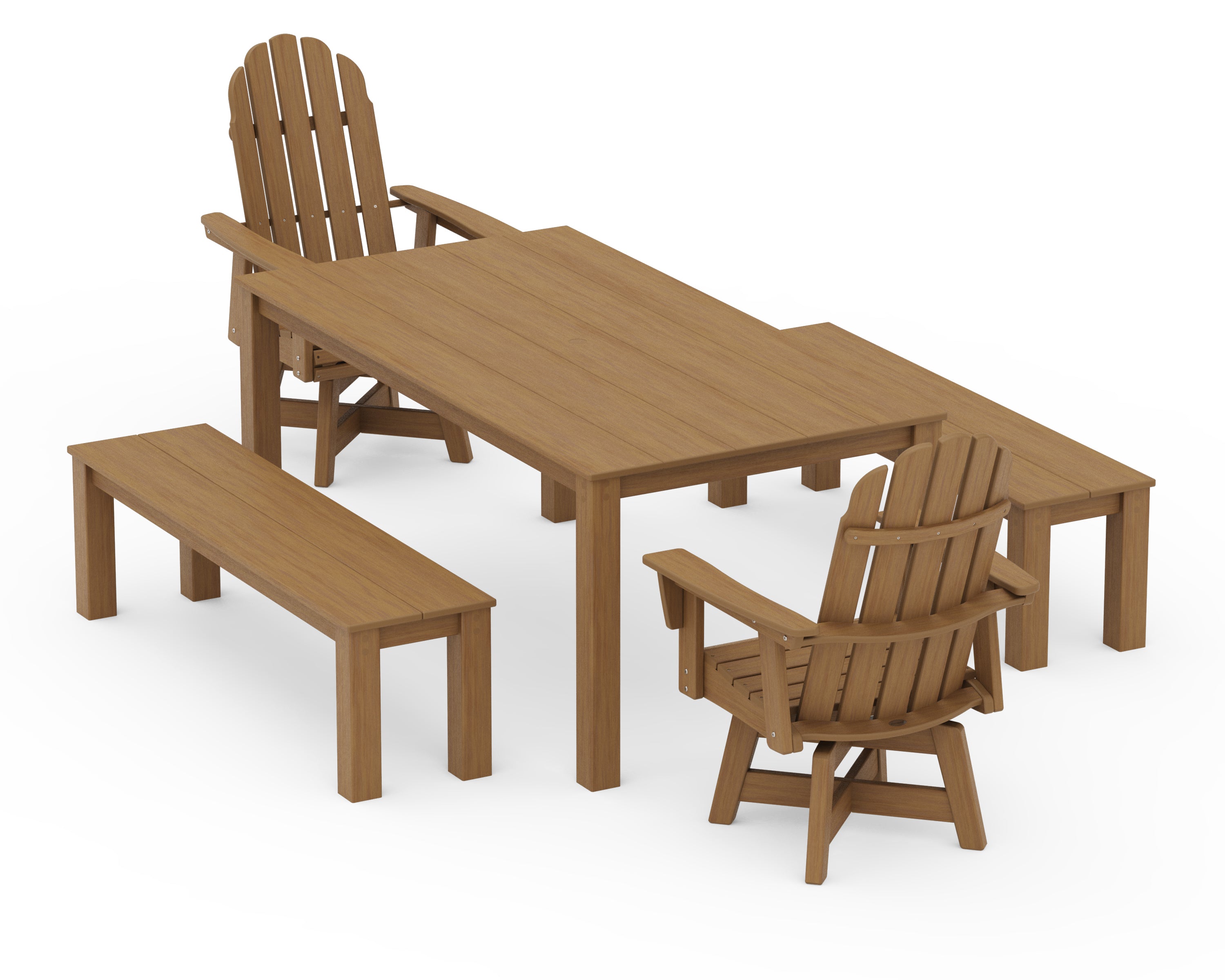 POLYWOOD Vineyard Curveback Adirondack 5-Piece Parsons Swivel Dining Set with Benches in Natural