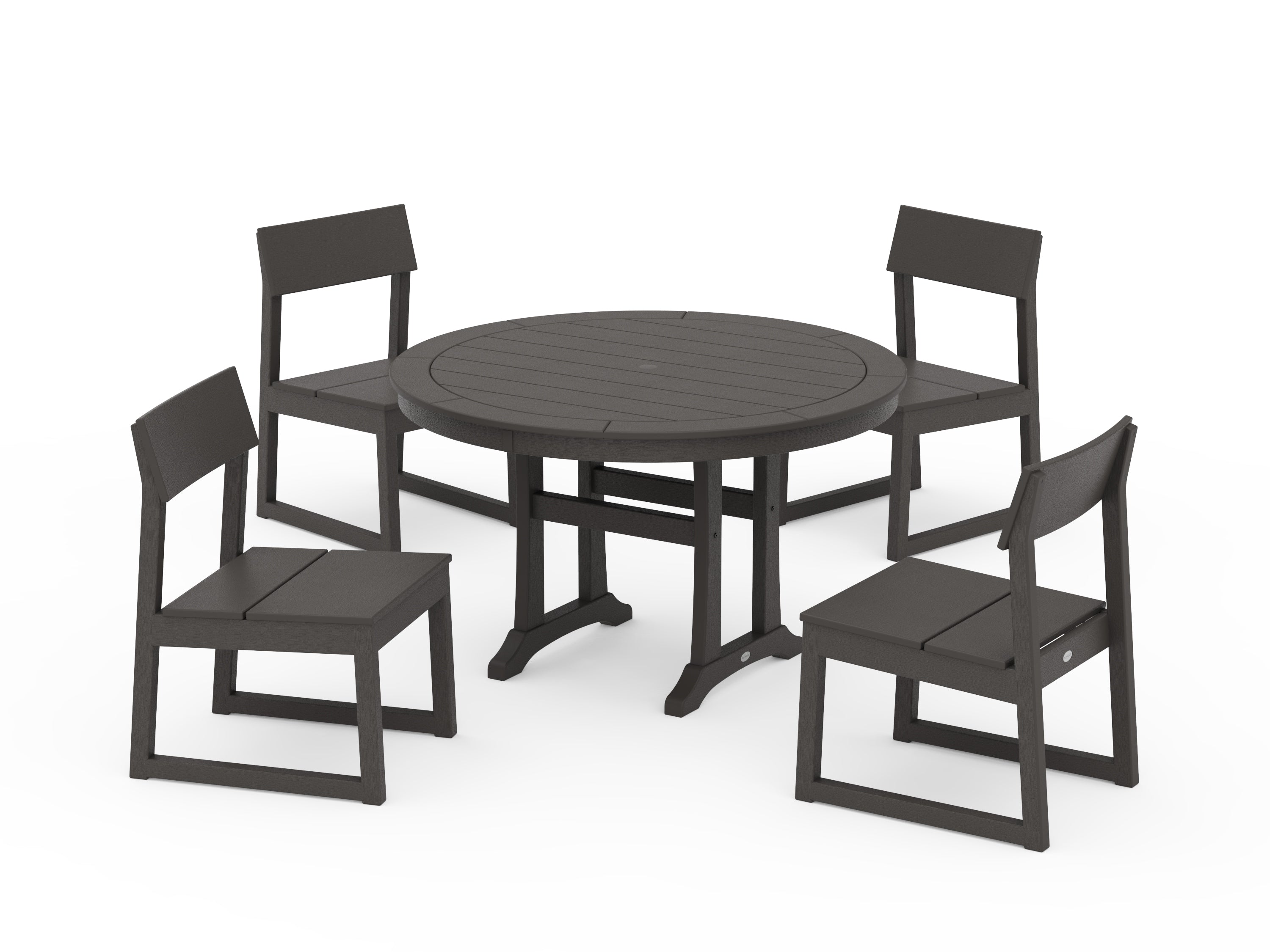 POLYWOOD EDGE Side Chair 5-Piece Round Dining Set With Trestle Legs in Vintage Coffee