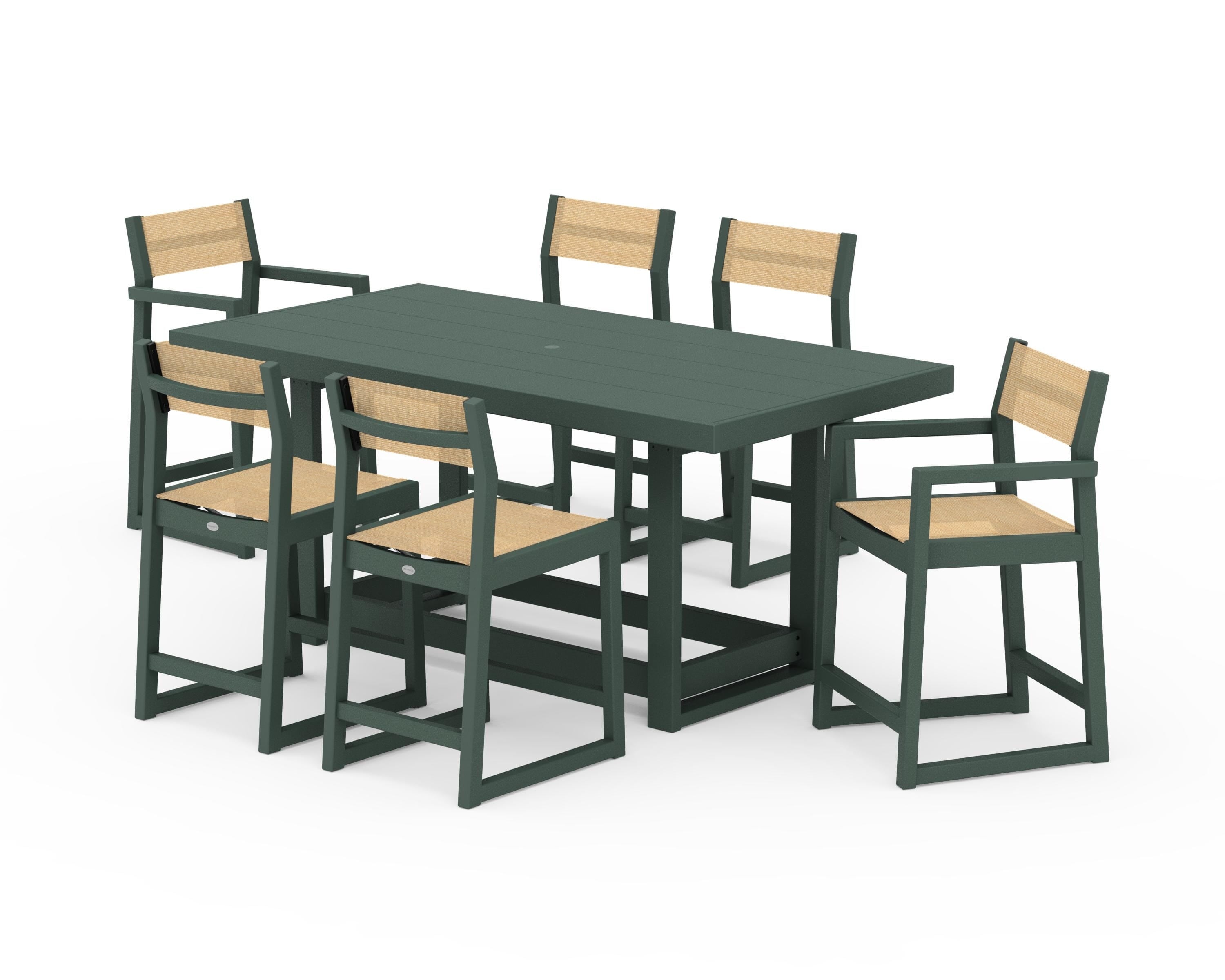 POLYWOOD EDGE Sling 7-Piece Counter Table Set in Green / Dupioni Apricot Sling