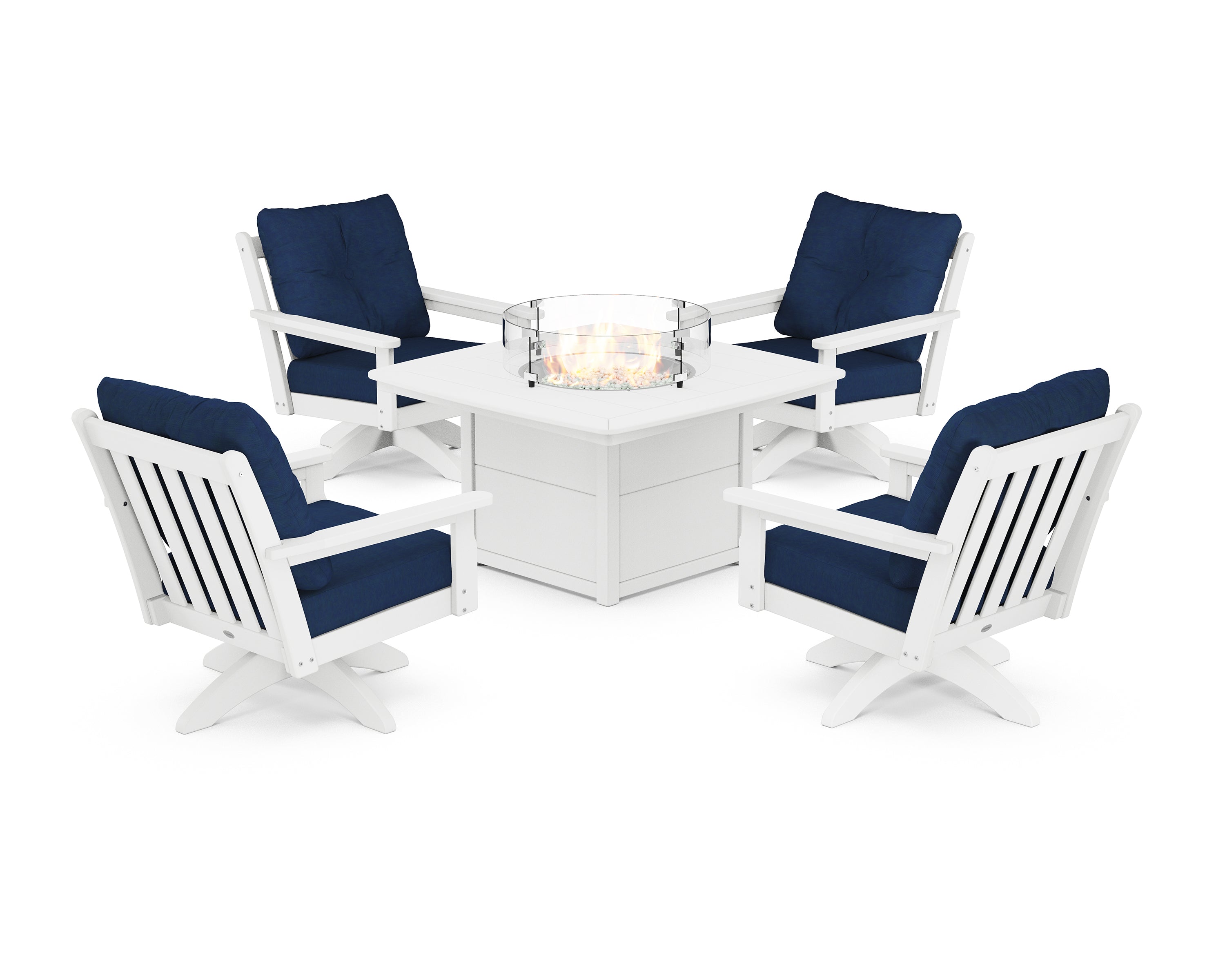 POLYWOOD Vineyard 5-Piece Deep Seating Swivel Conversation Set with Fire Pit Table in White / Navy