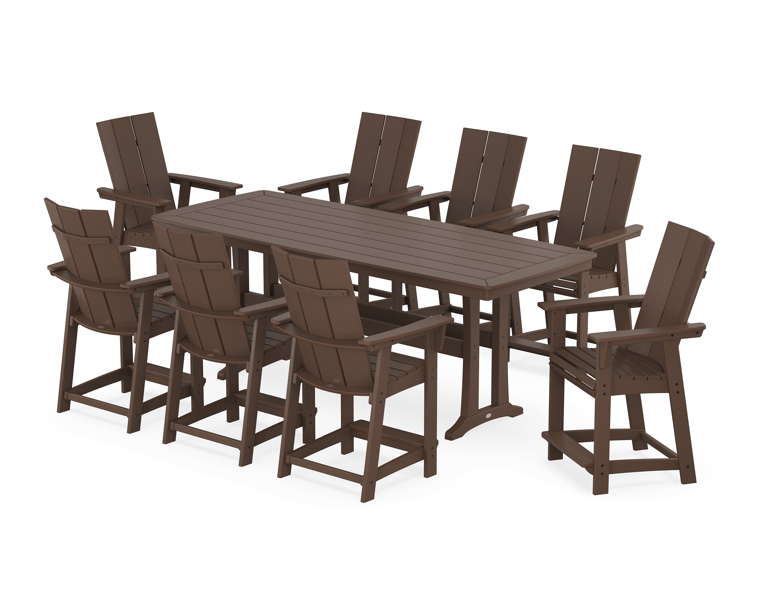 POLYWOOD® Modern Curveback Adirondack 9-Piece Counter Set with Trestle Legs in Mahogany