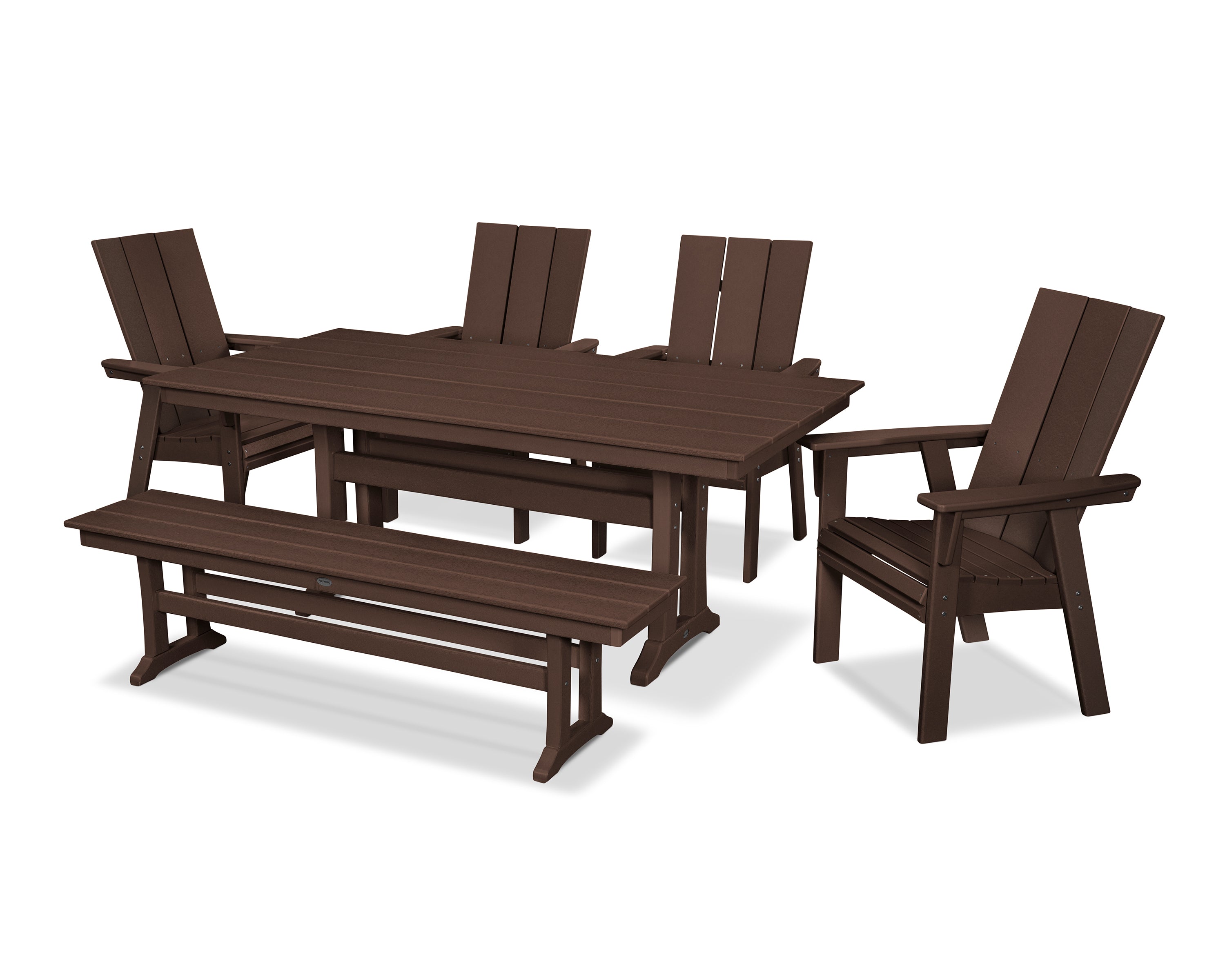 POLYWOOD® Modern Curveback Adirondack 6-Piece Farmhouse Dining Set with Trestle Legs and Bench in Mahogany