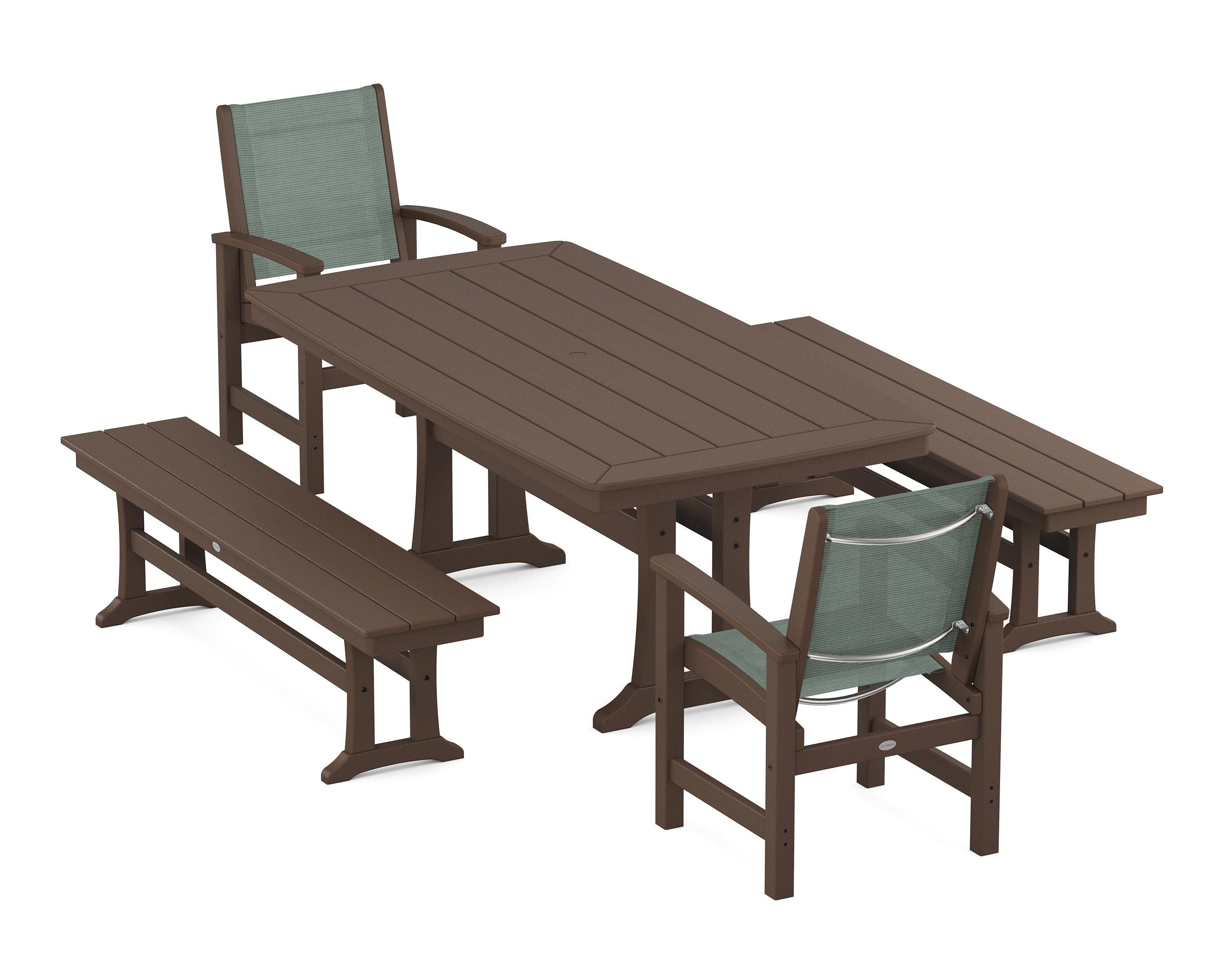 POLYWOOD Coastal 5-Piece Dining Set with Trestle Legs and Benches in Mahogany / Dupioni Sea Mist Sling