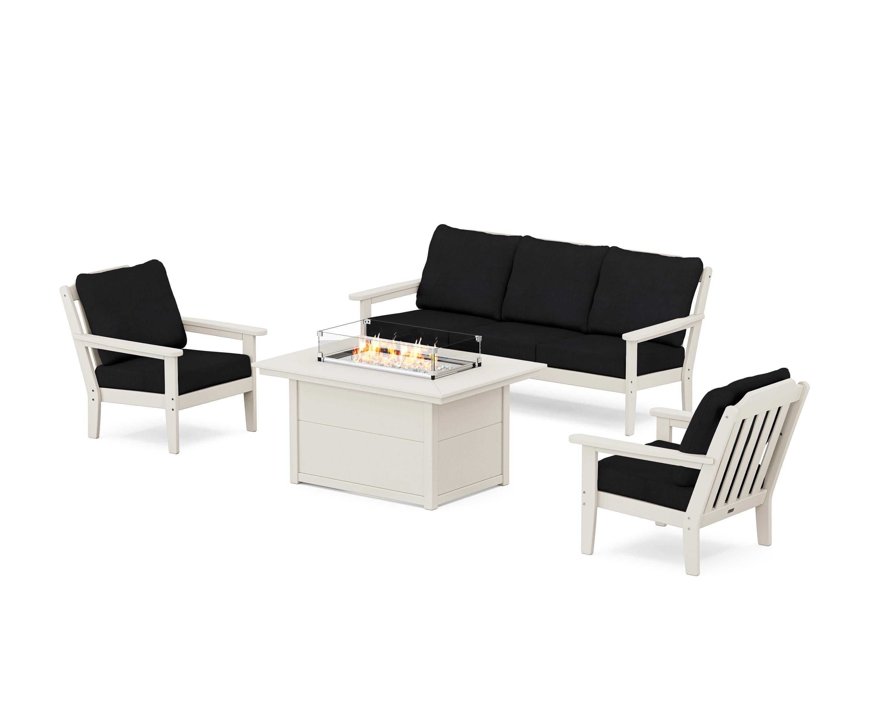 Country Living Cottage Deep Seating Fire Pit Table Set in Sand / Midnight Linen
