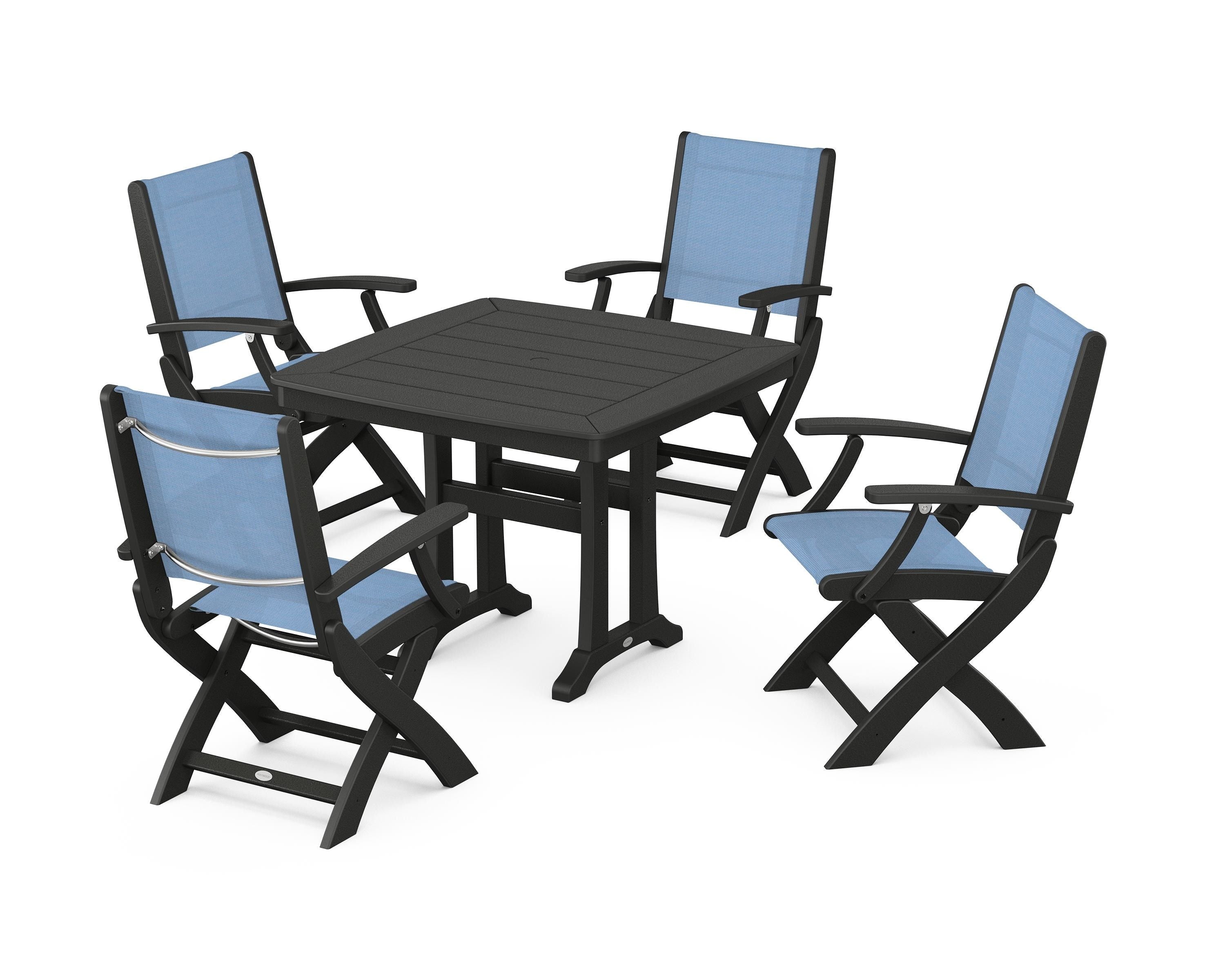 POLYWOOD Coastal Folding Chair 5-Piece Dining Set with Trestle Legs in Black / Poolside Sling