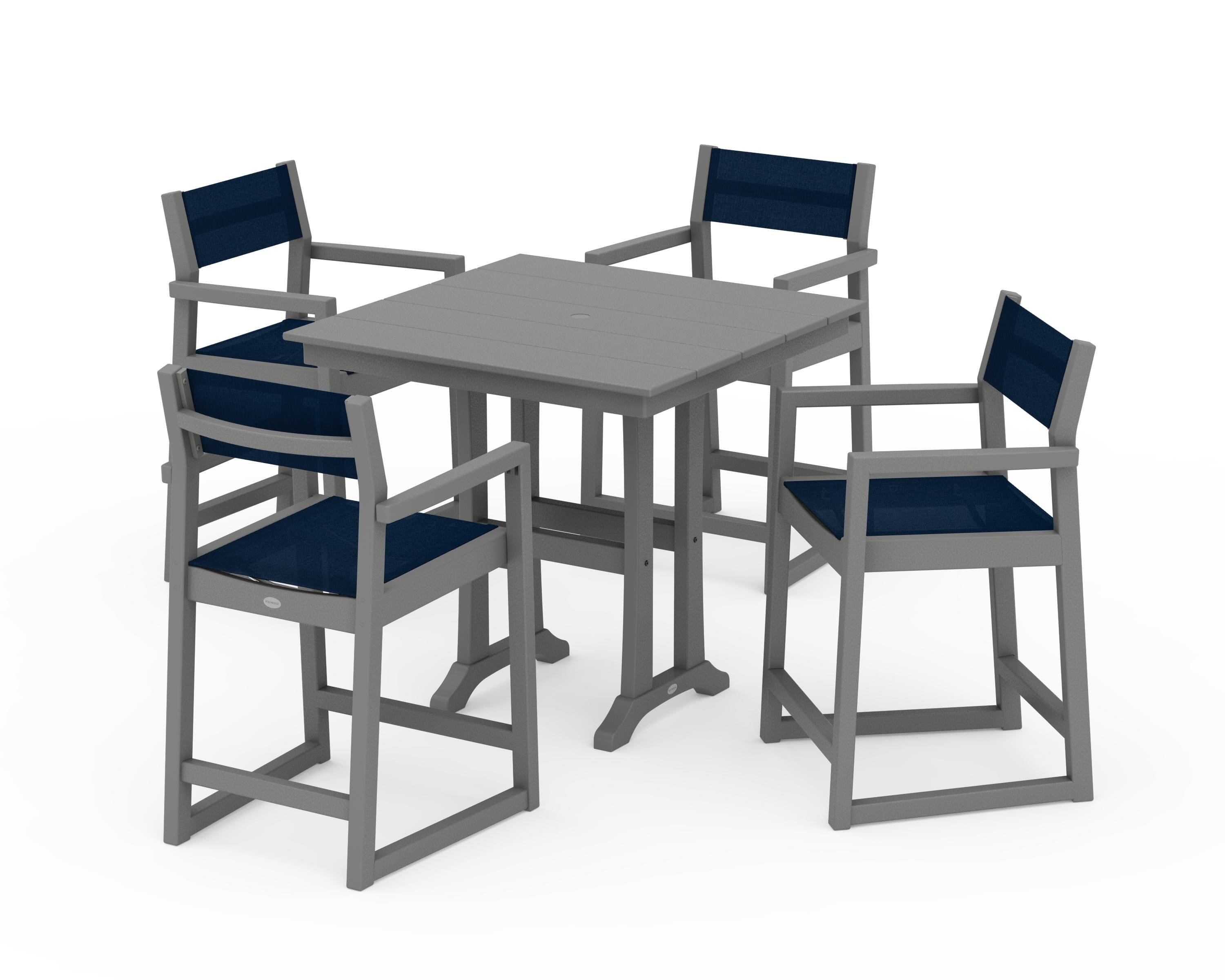 POLYWOOD EDGE Sling Arm Chair 5-Piece Farmhouse Counter Set with Trestle Legs in Slate Grey / Navy Blue Sling
